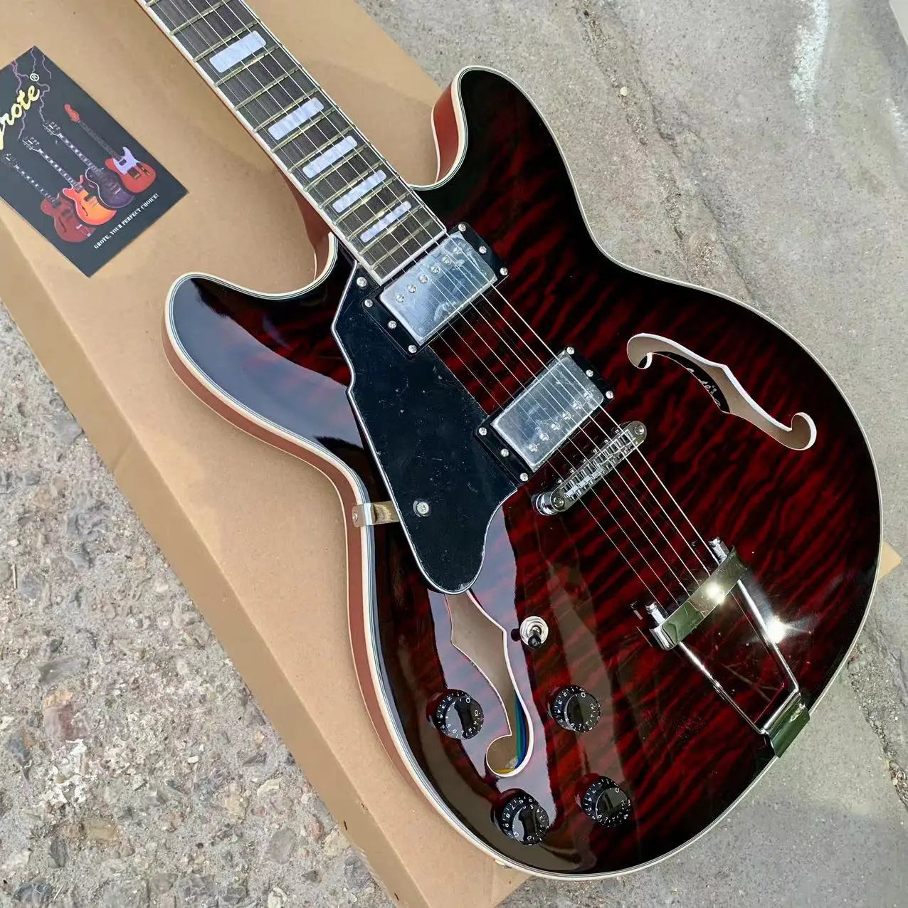 GROTE Left hand F hole Semi Hollow Body Electric Jazz Guitar - Brown