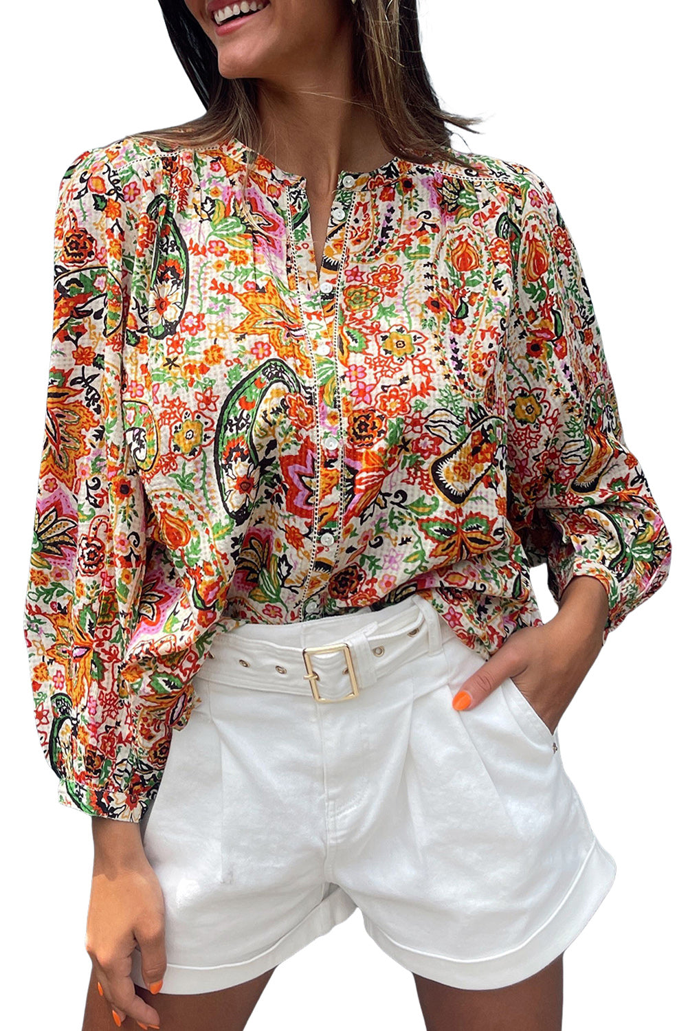 Multicolour Boho Floral Print Puff Sleeve Shirt