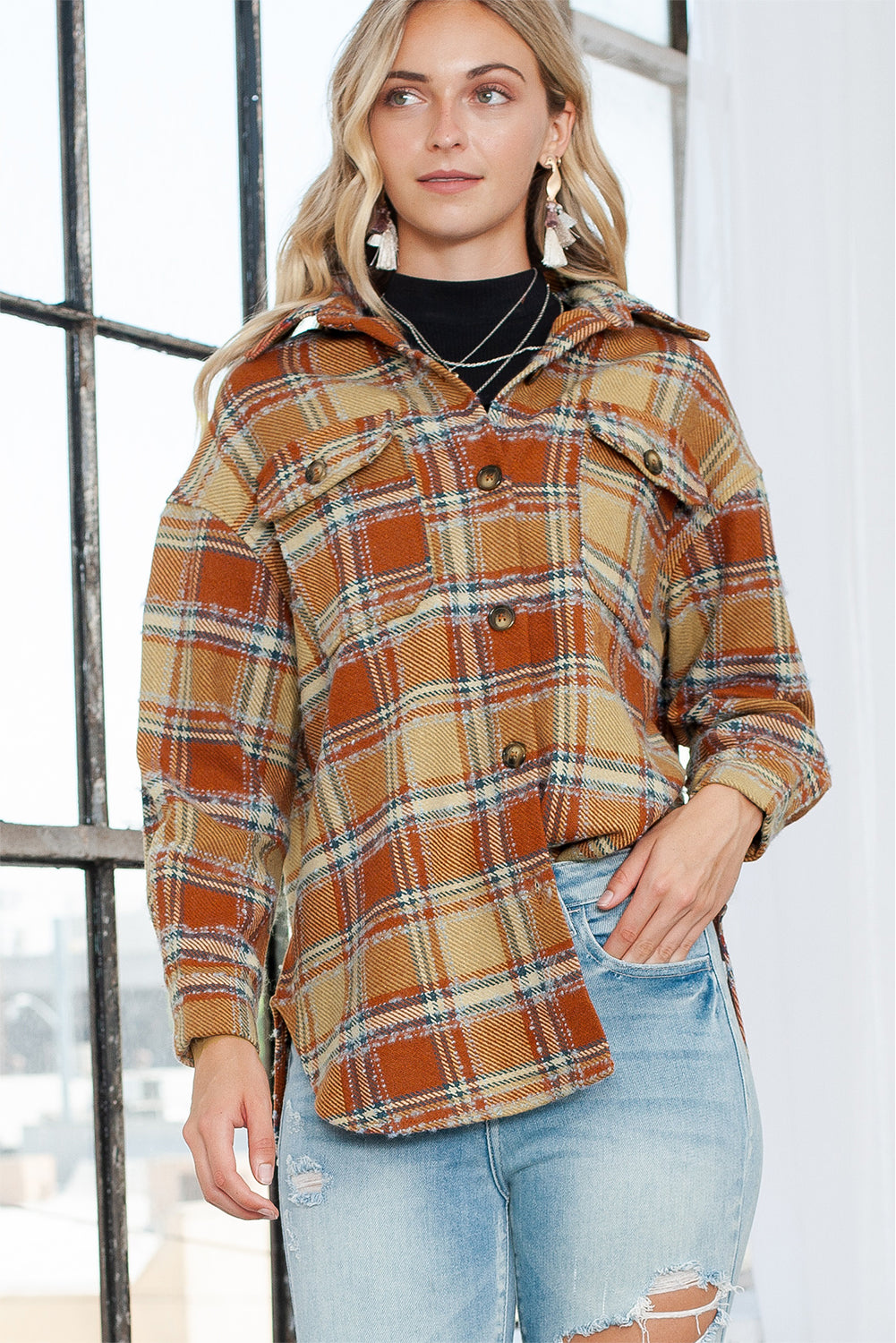 Dark Blue Oversized Flap Pockets Plaid Shacket with Slits