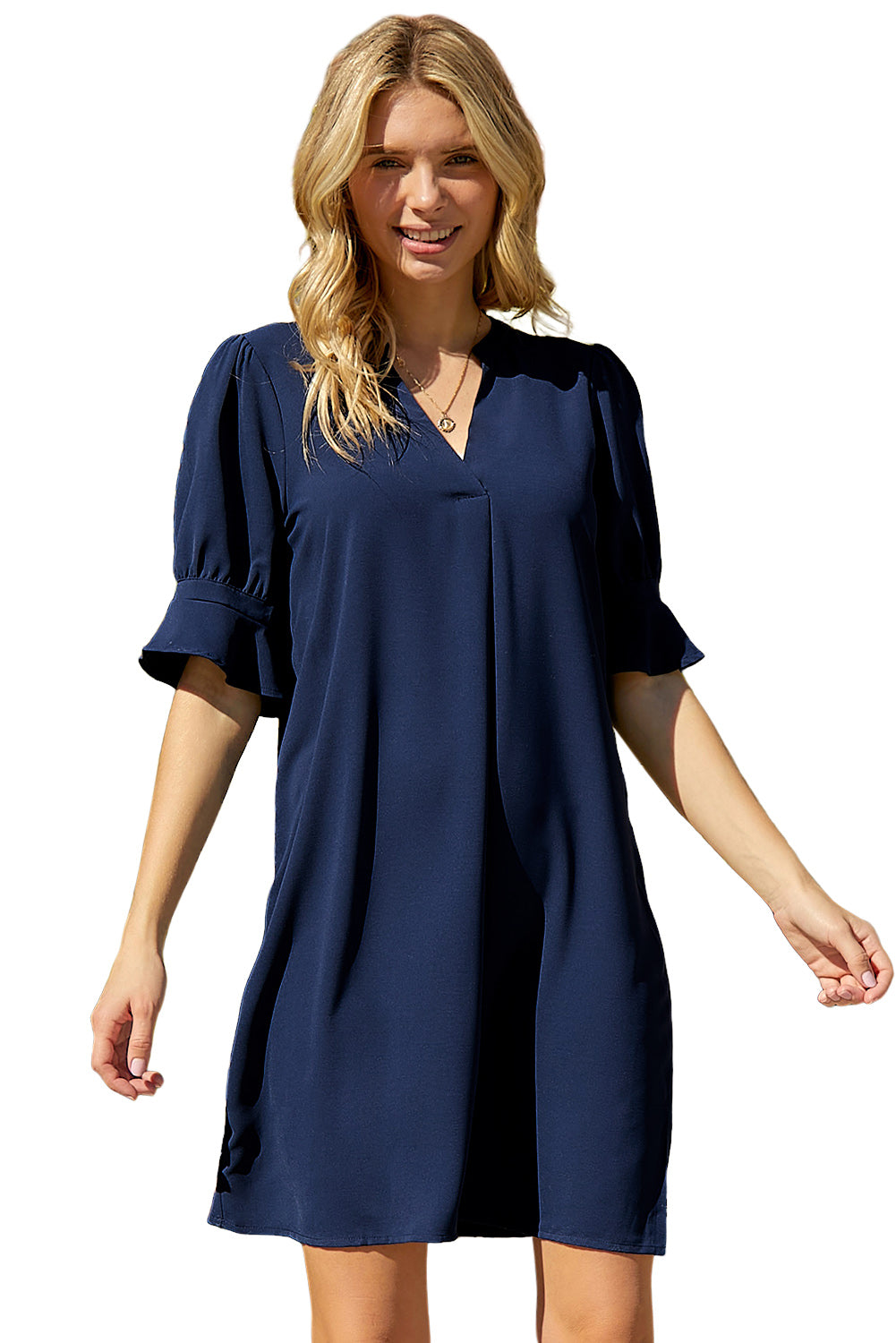 Navy Blue Split V Neck Short Sleeve Tunic Dress