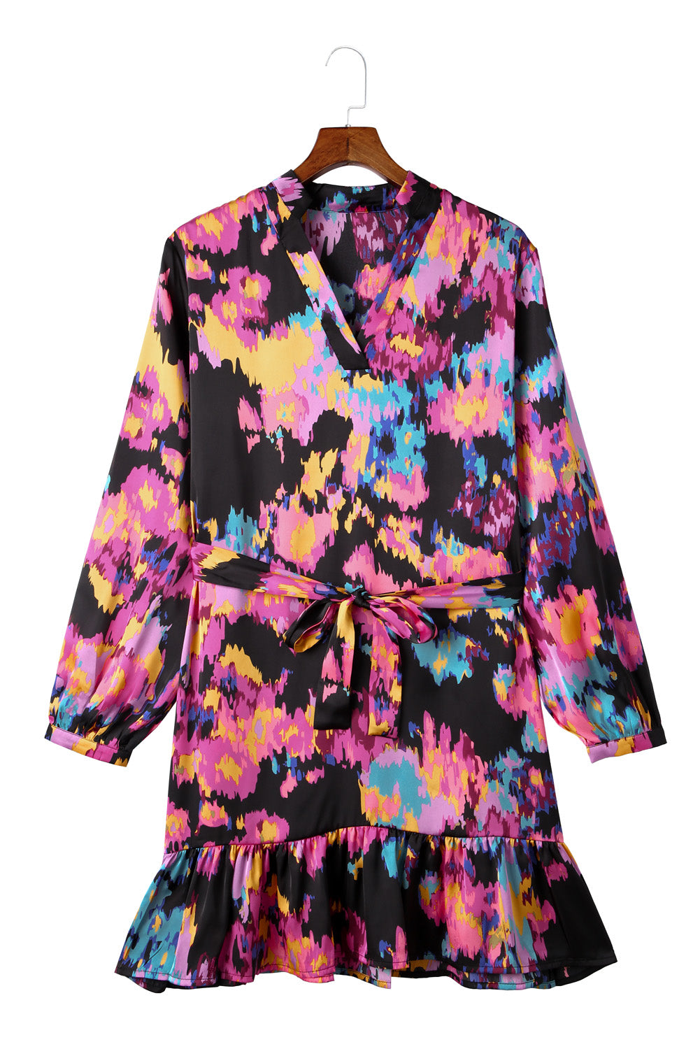 Abstract Print Waist Belted Flounce Hem Split V Neck Long Sleeve Dress