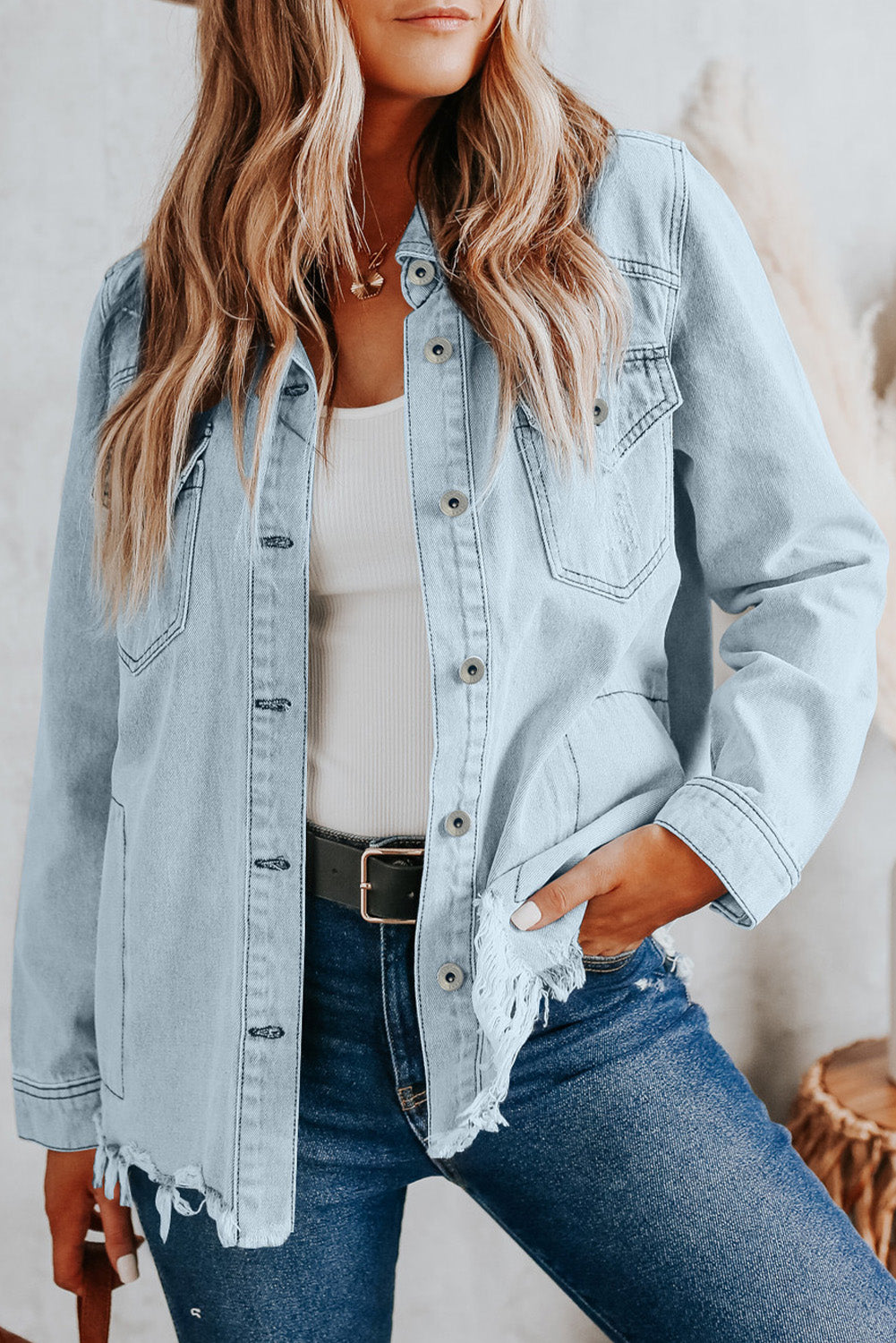 Light Blue Flap Pocket Buttoned Raw Hem Denim Shacket