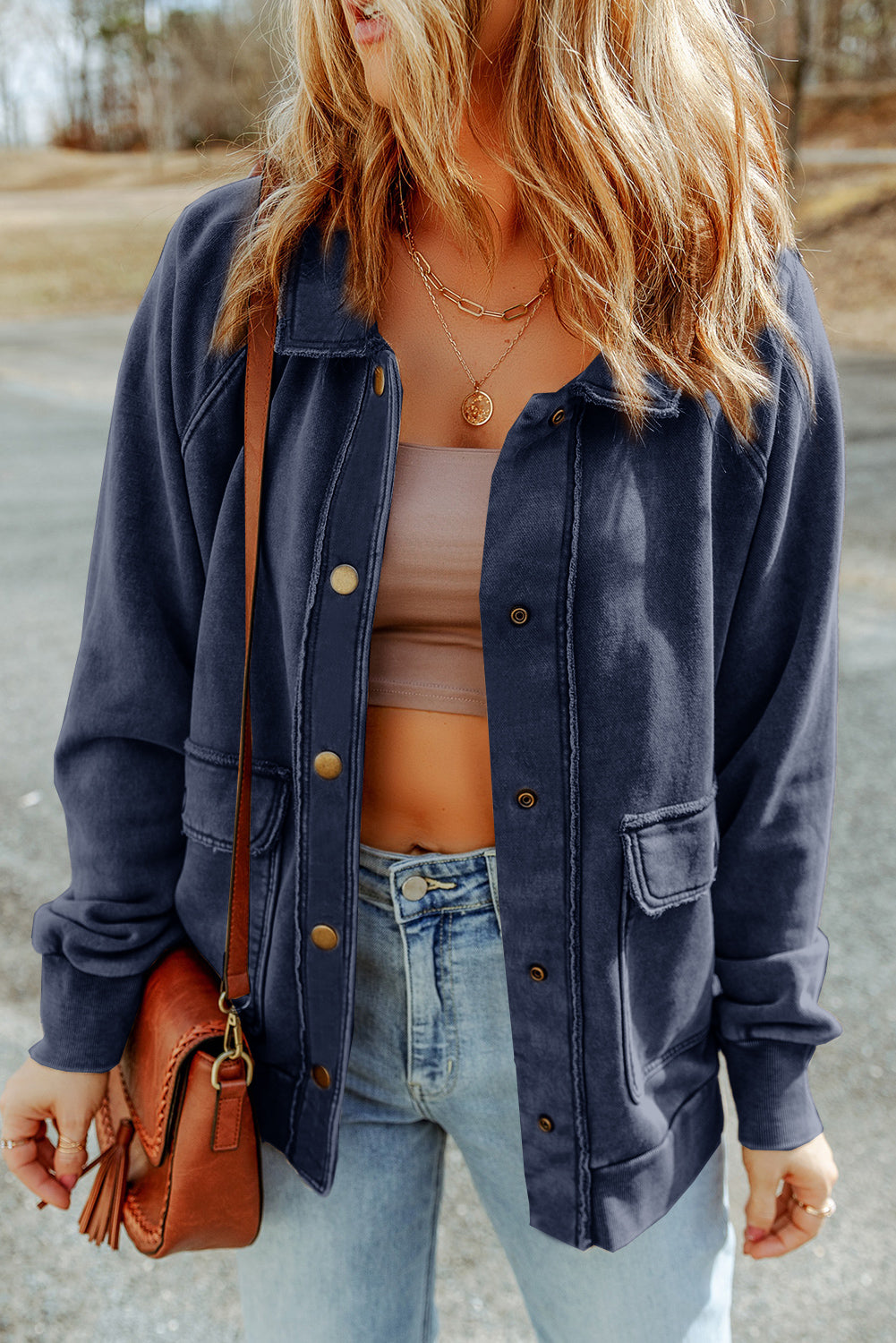 Gray Snap Button Casual Flap Pockets Washed Jacket