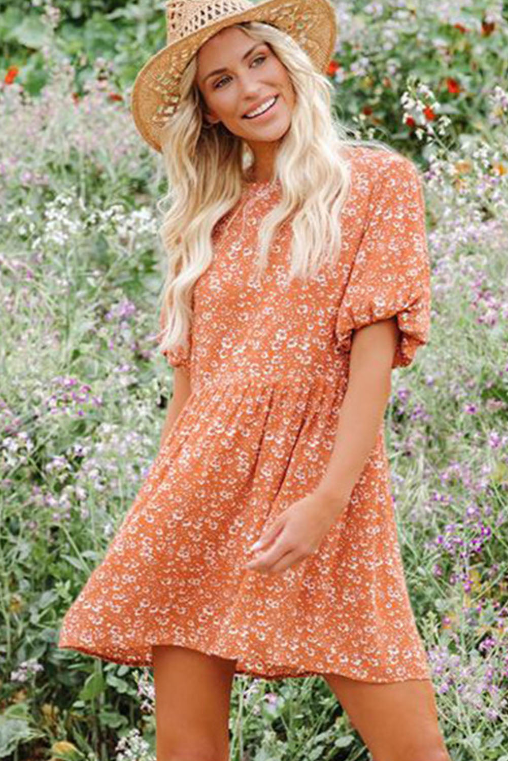 Orange Floral Boho Bishop Sleeve Short Dress