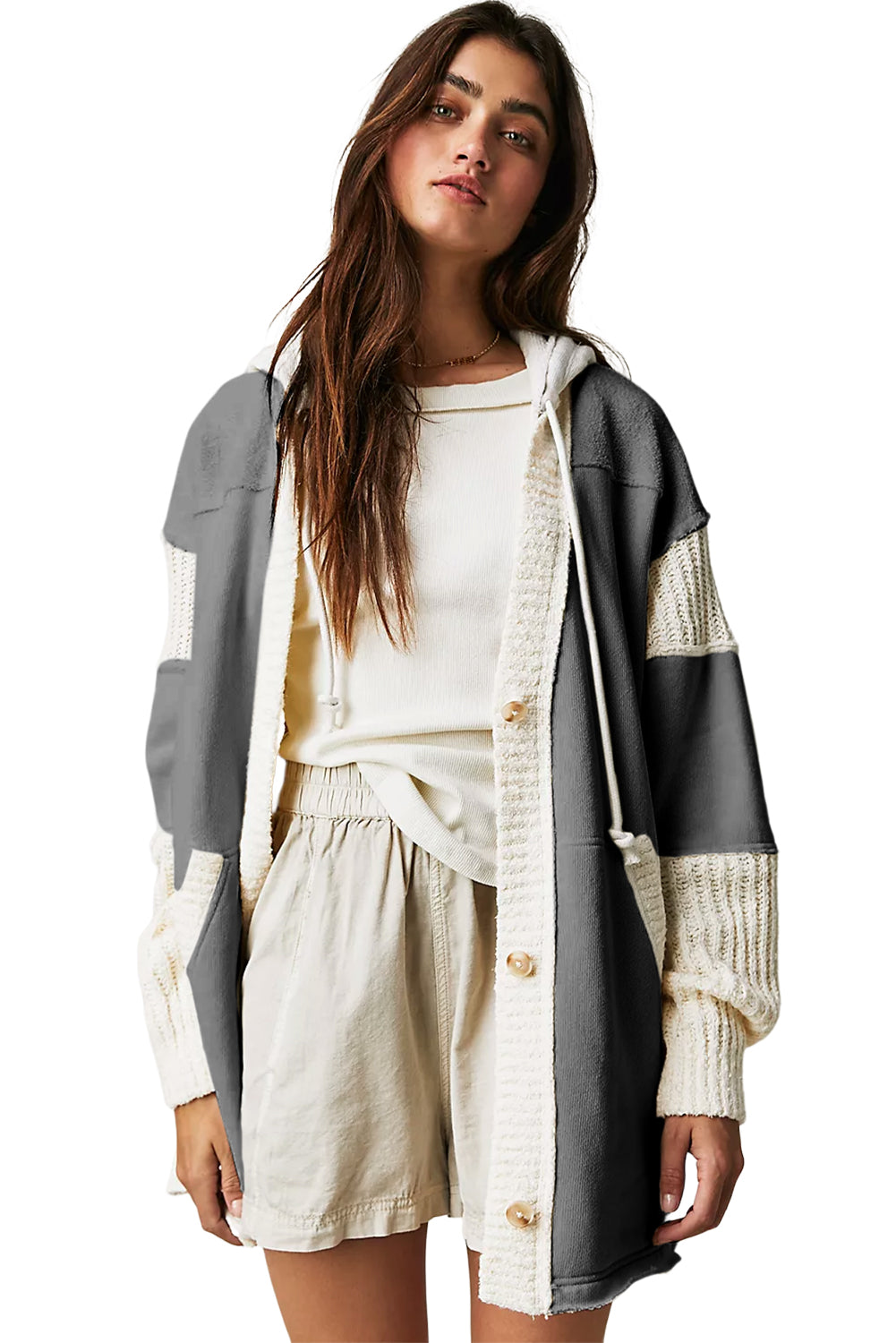 Beige Solid Color Button Down Long Hooded Cardigan