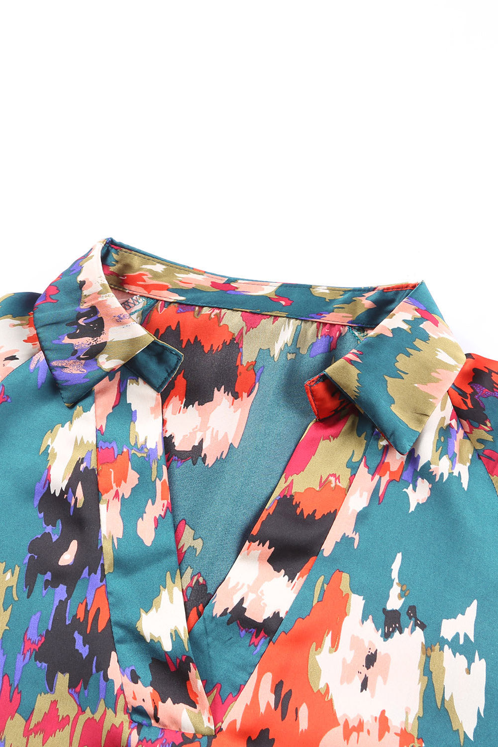 Green Graffiti Colorblock Casual V Neck Puff Sleeve Blouse