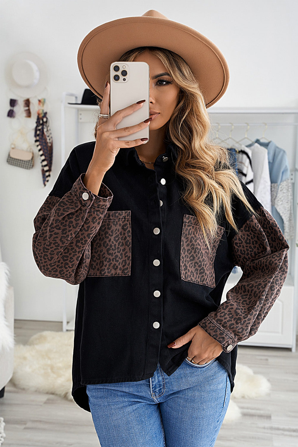 Black Contrast Leopard Denim Shacket