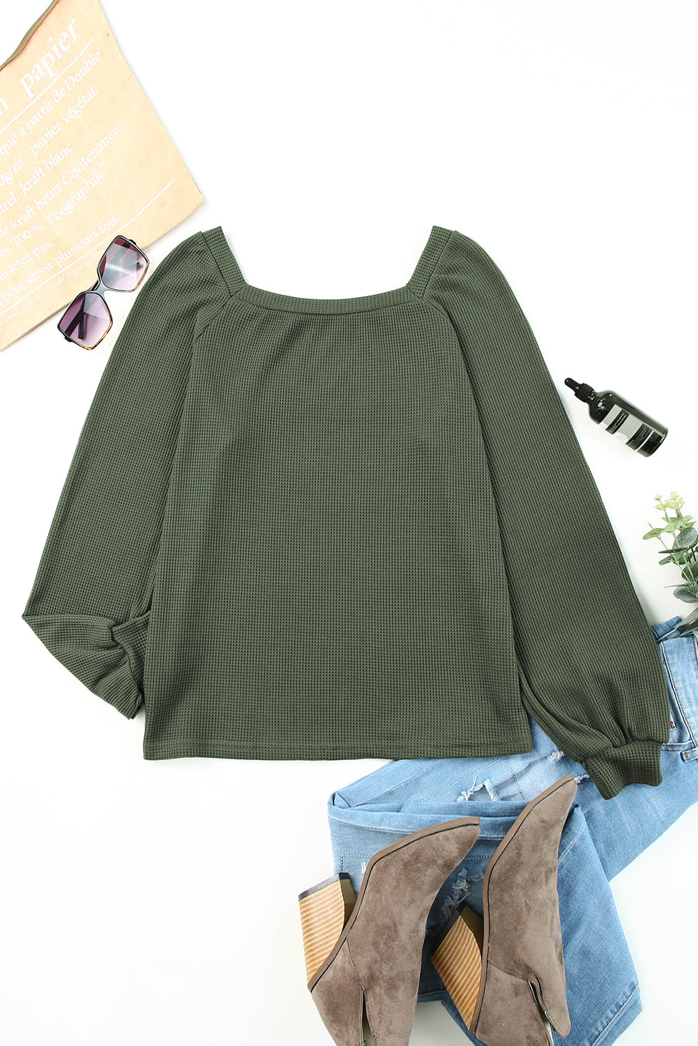 Pink Waffle Texture Casual Square Neck Pullover Top