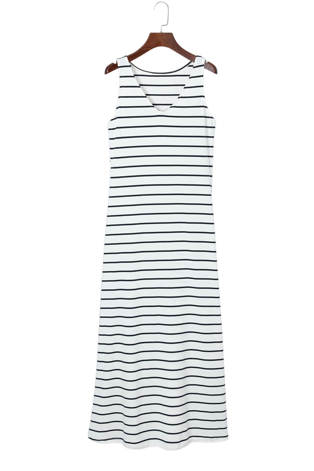 Dark Blue Striped V Neck Sleeveless Side Slits Maxi Dress