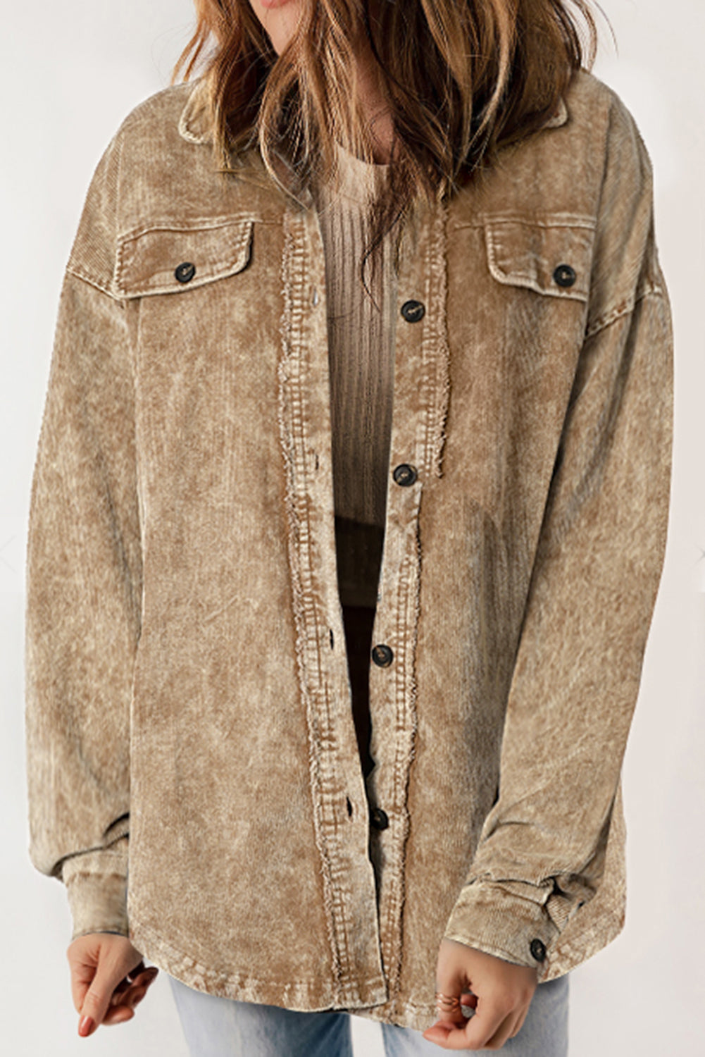 Khaki Vintage Distressed Mineral Wash Oversized Shacket
