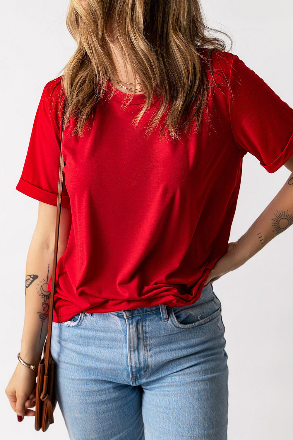 Green Plain Solid Color Crew Neck Tee