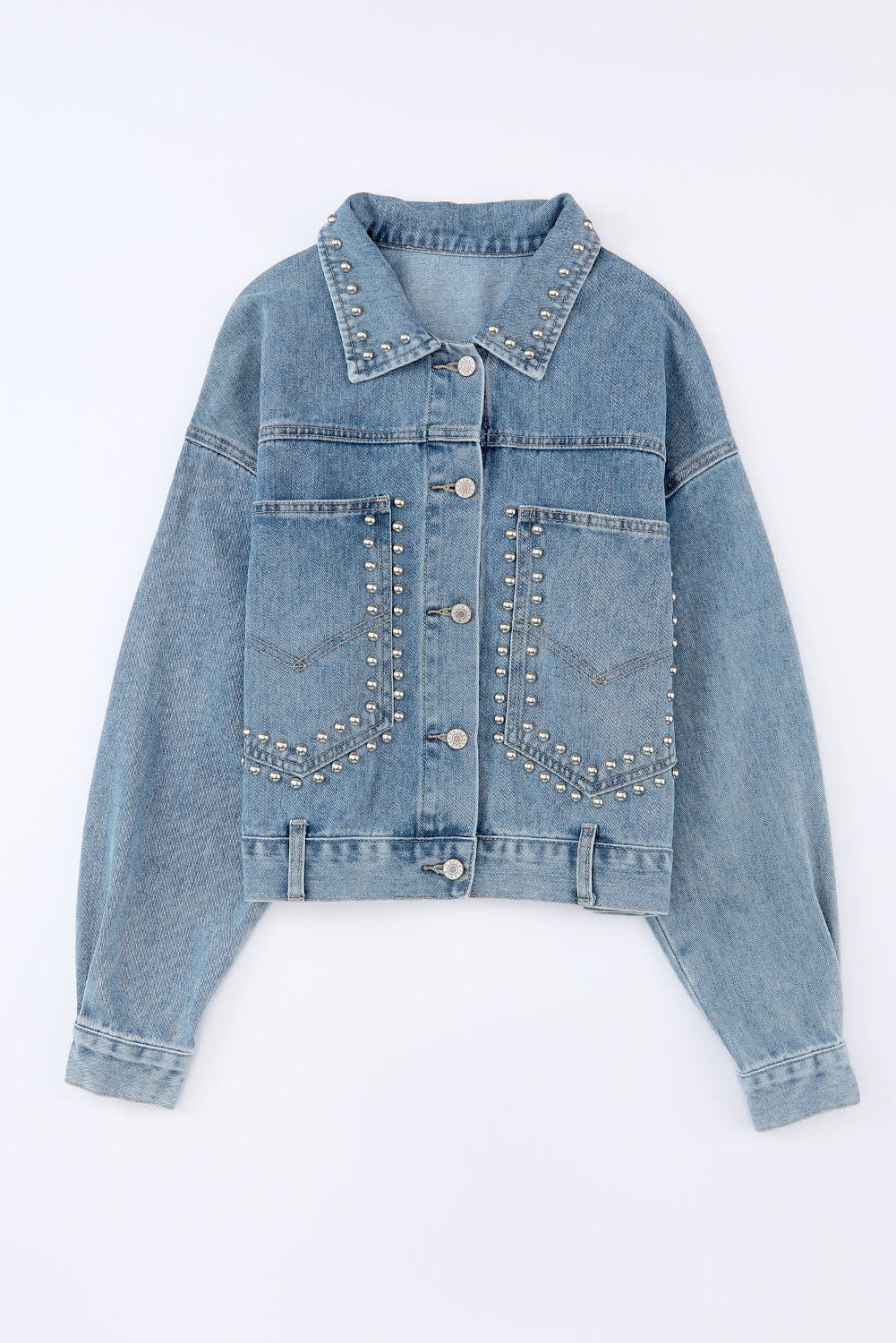 Blue Studded Button Up Light Wash Cropped Denim Jacket