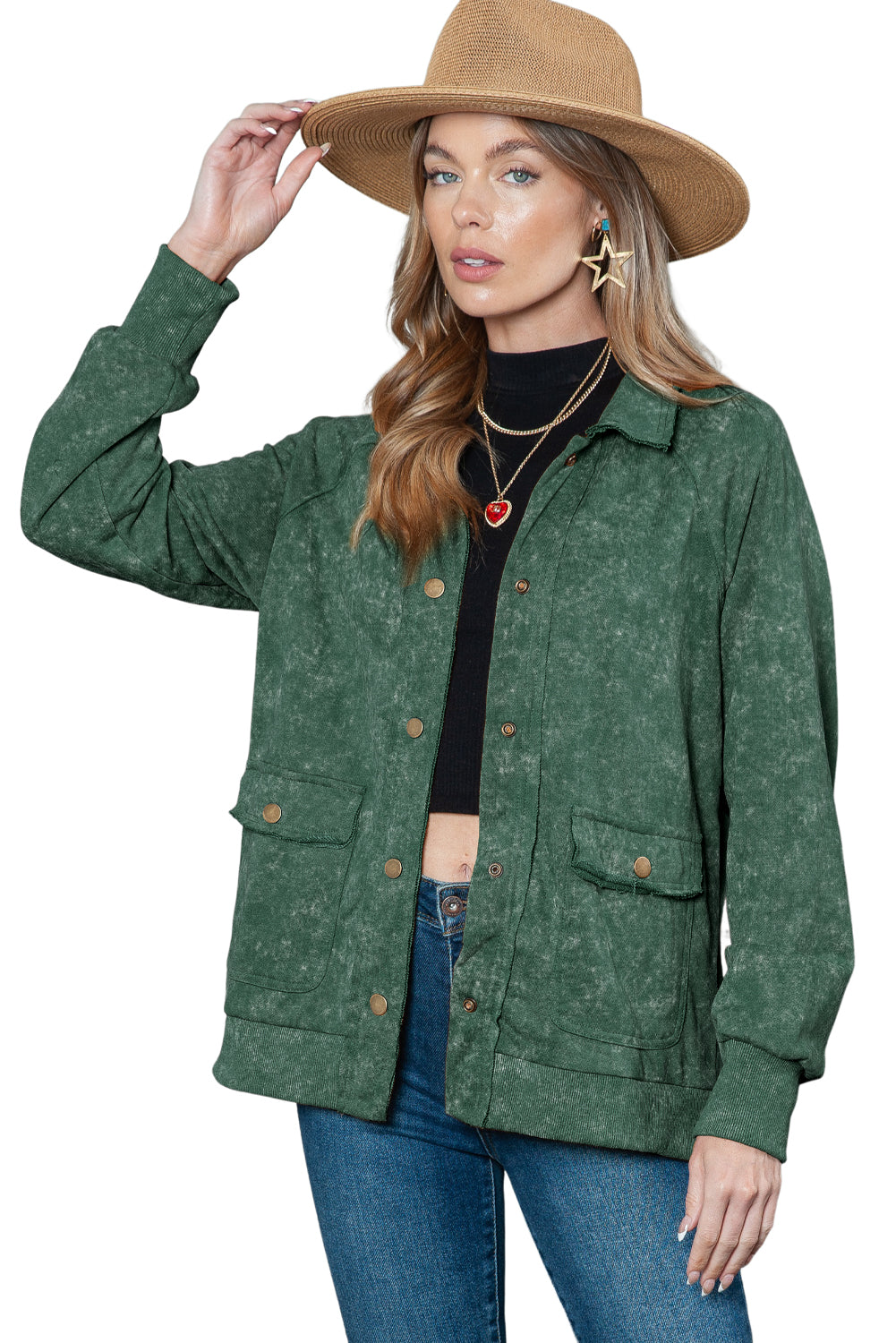 Gray Snap Button Casual Flap Pockets Washed Jacket