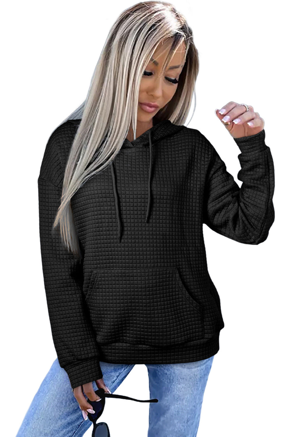 Khaki Lattice Textured Kangaroo Pocket Drawstring Hoodie