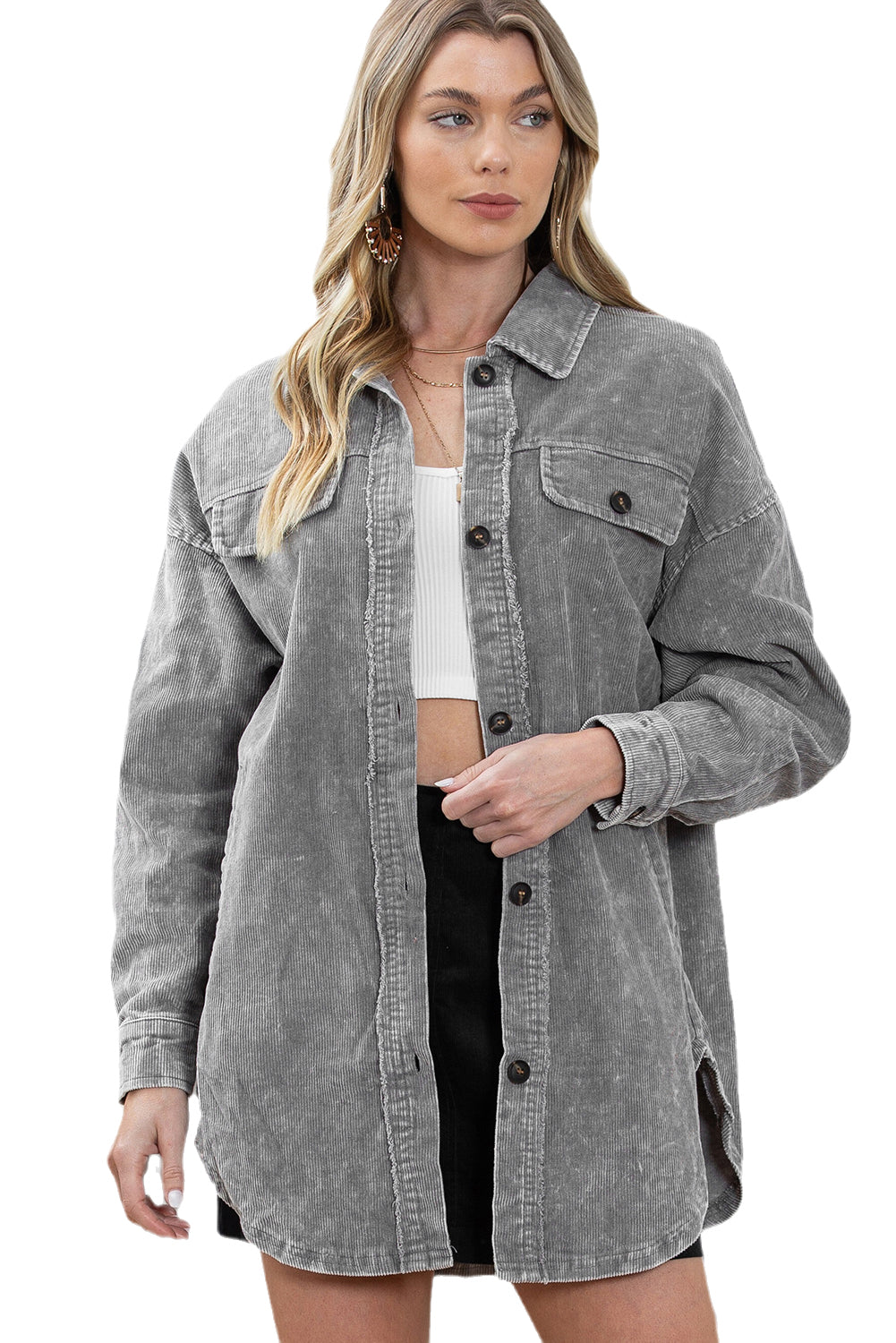 Khaki Vintage Distressed Mineral Wash Oversized Shacket