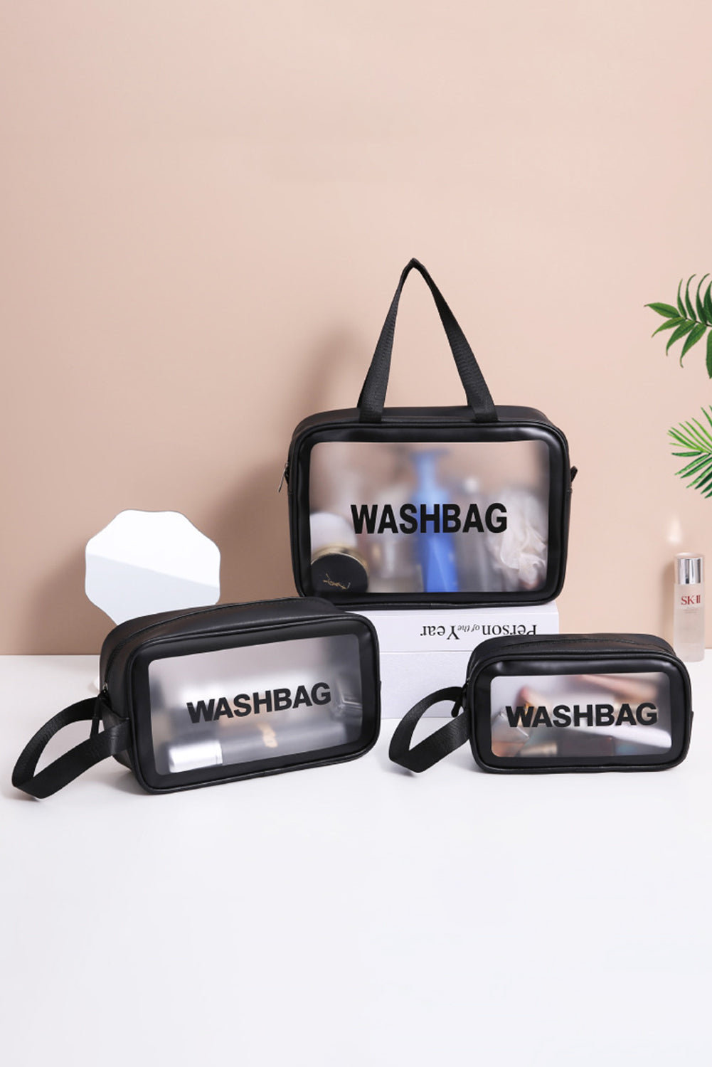 Black WASHBAG Print Clear Frosted Waterproof Bag Set