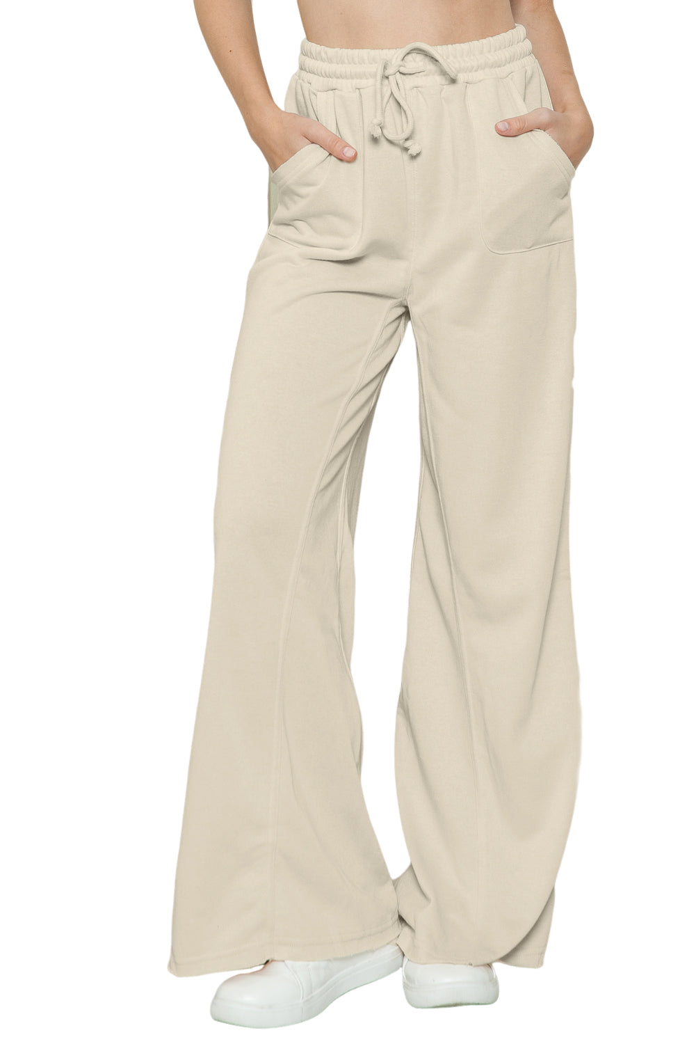 Apricot Mineral Washed Drawstring High Waisted Wide Leg Pants