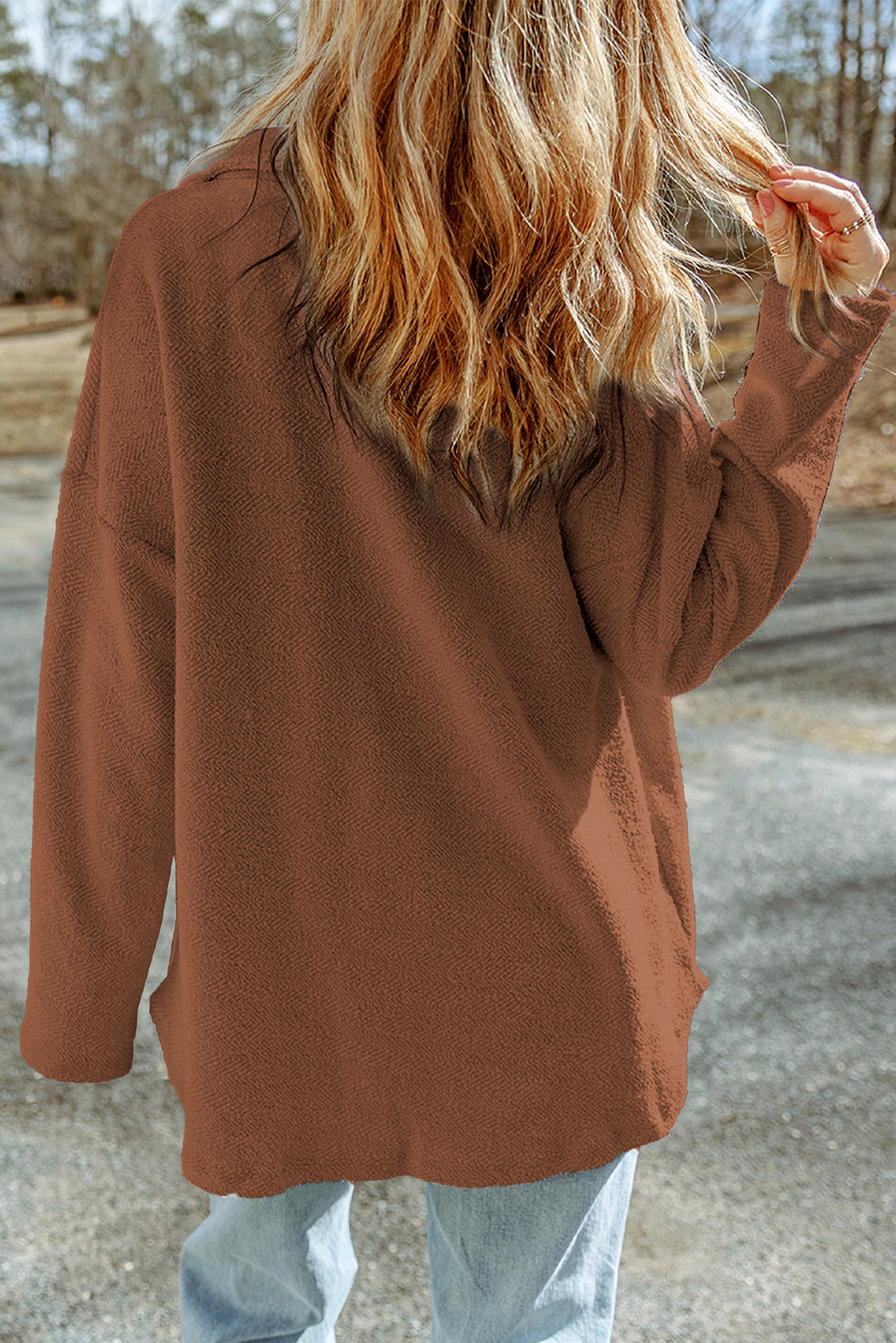 Black Plain Textured Button Up Shirt Shacket with Flap Pockets