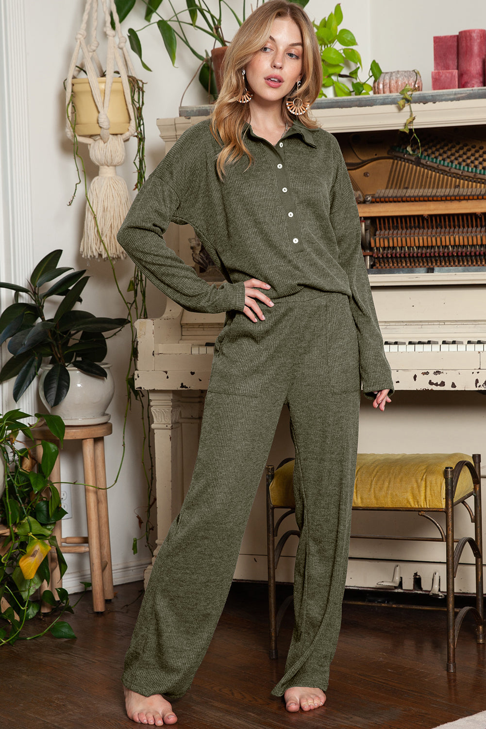 Black Ribbed Henley Shirt and Wide Leg Pants Loungewear Set