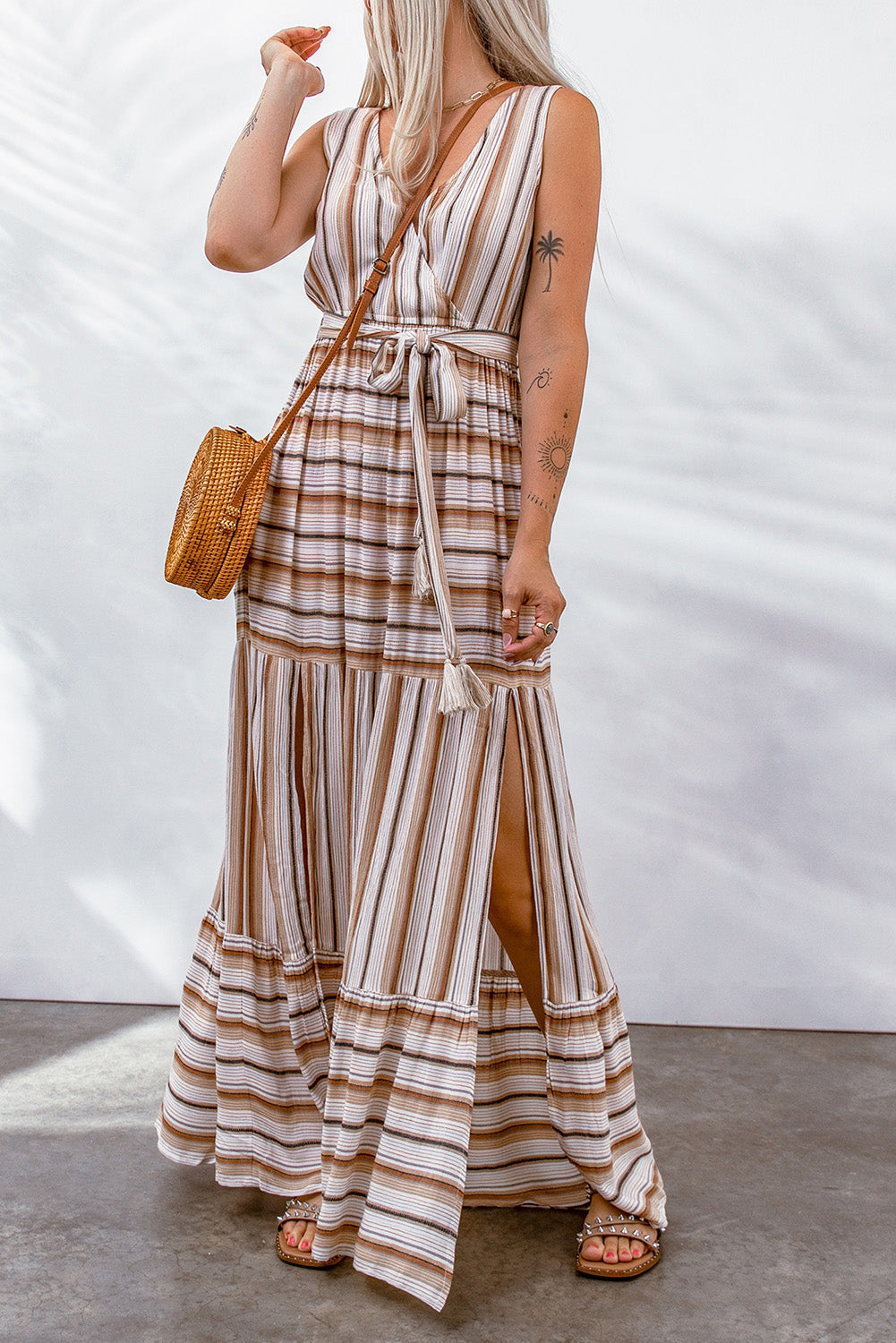 Khaki Casual Striped Split Sleeveless Maxi Dress