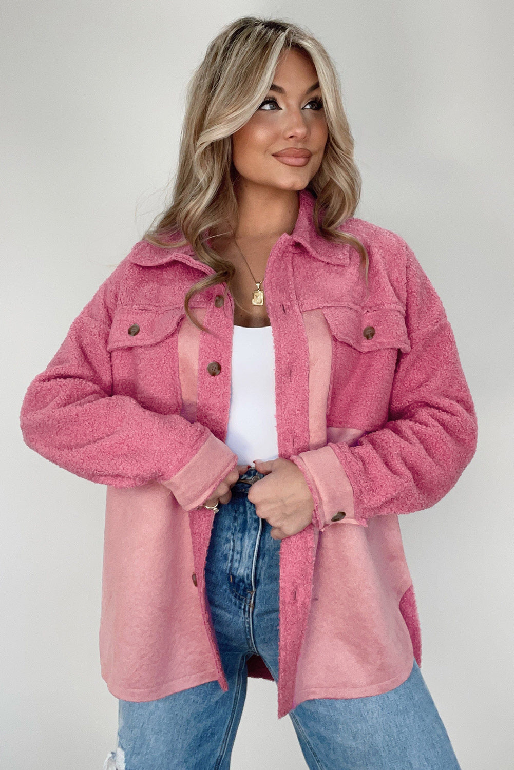 Pink Colorblock Buttoned Flap Pocket Sherpa Jacket