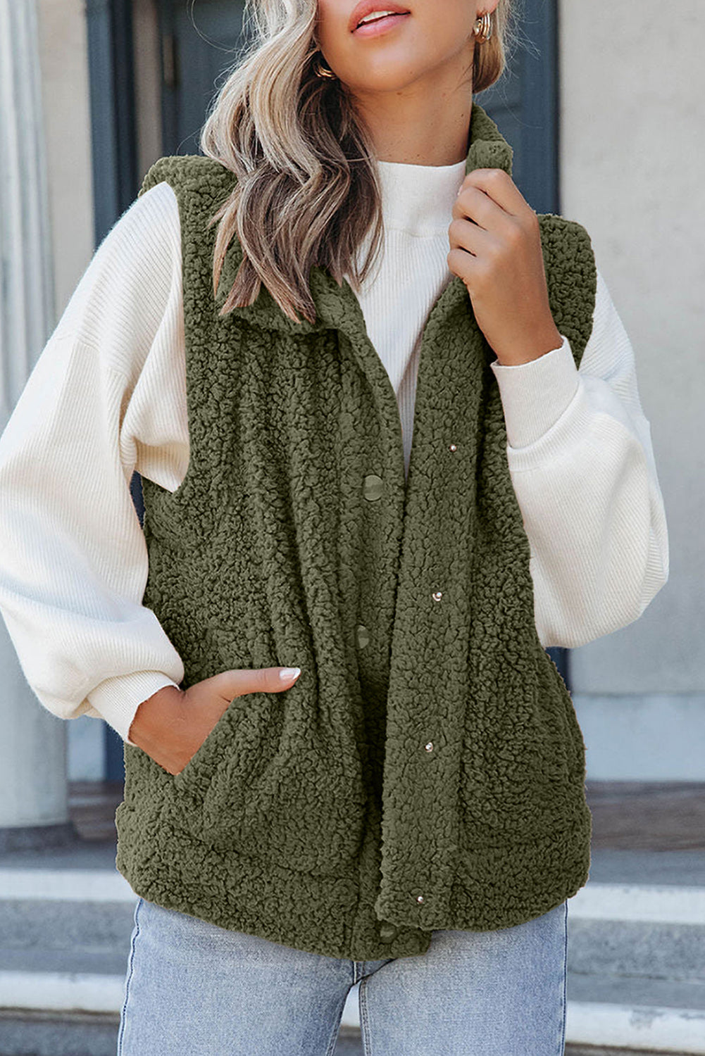 Green Snap Button Collared Stand Neck Sherpa Vest