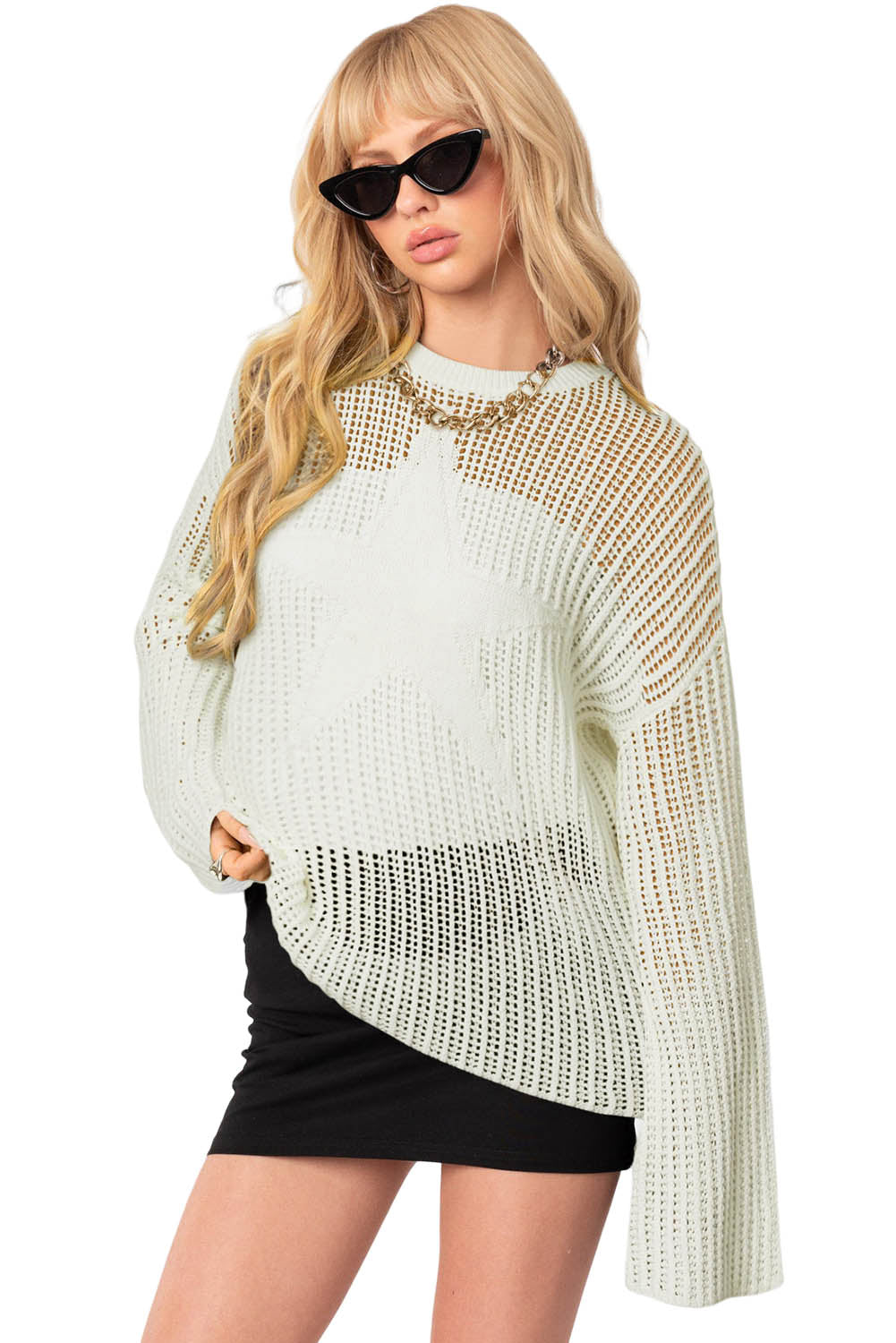Black Star Pattern Lightweight Hollow Knit Sweater
