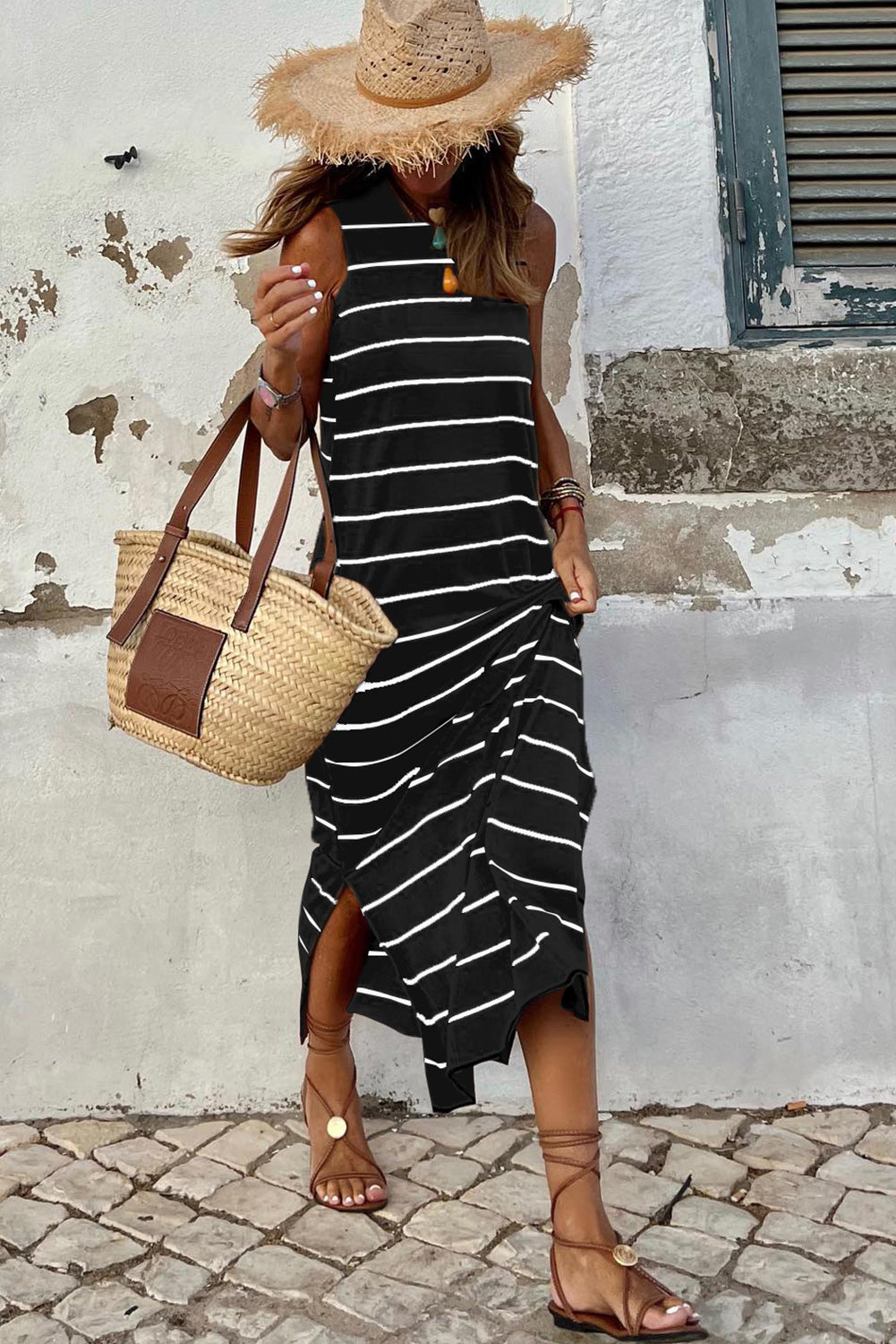 Brown Striped Backless Casual Side Slits Maxi Dress