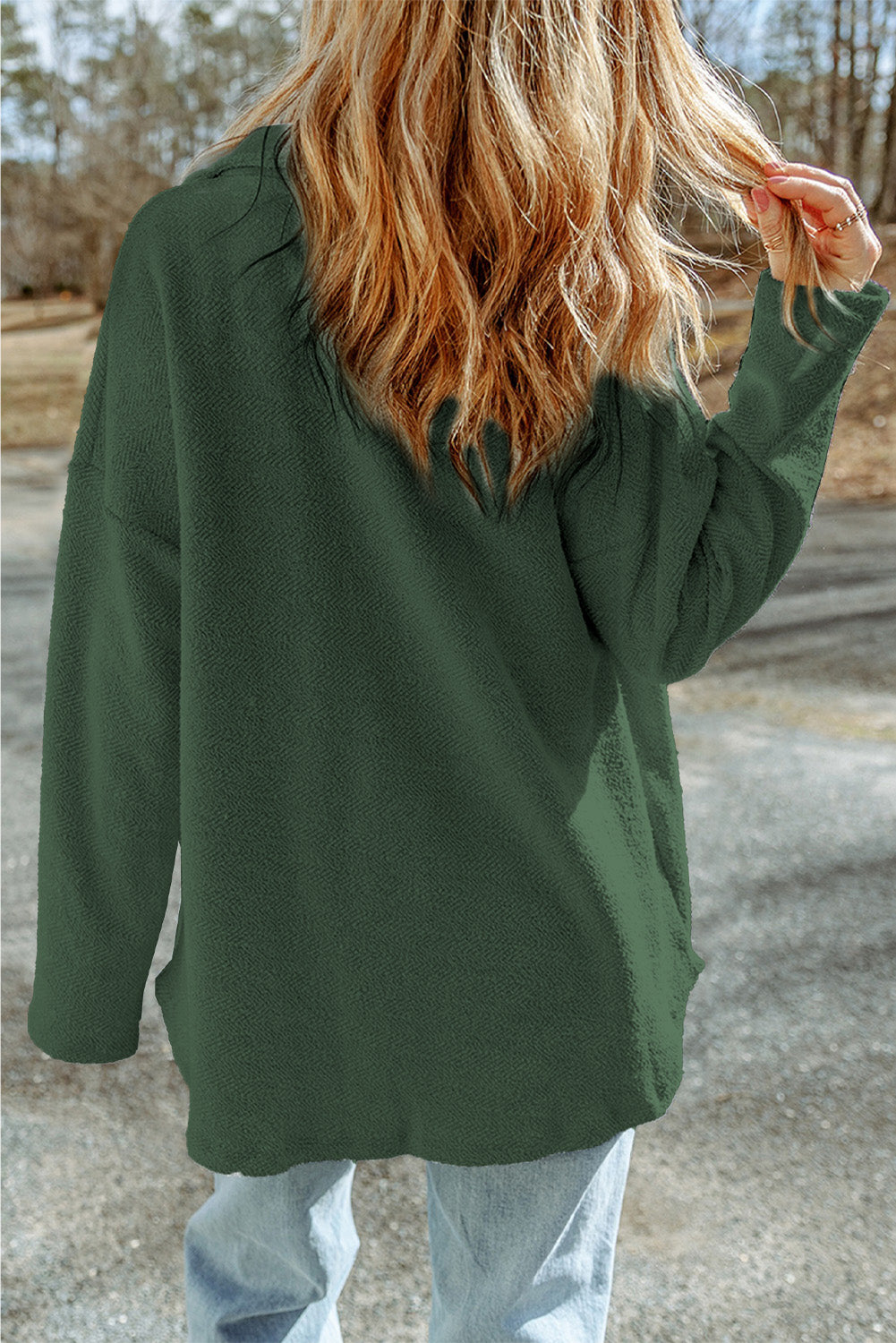 Black Plain Textured Button Up Shirt Shacket with Flap Pockets