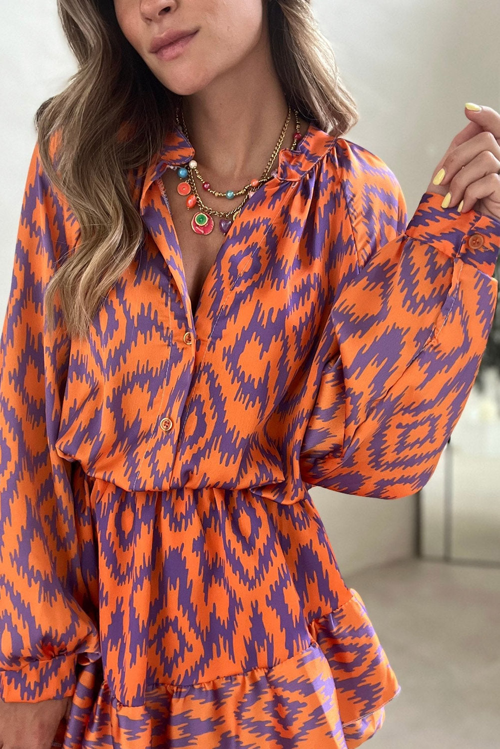 Orange Geometric Bubble Sleeve High Waist Romper