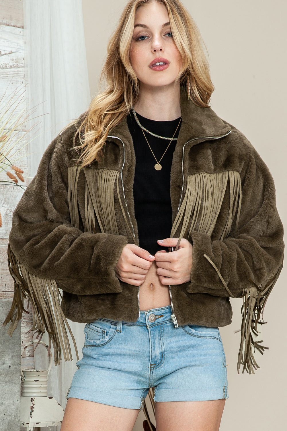 Pink Fringed Full Zipper Fleece Jacket