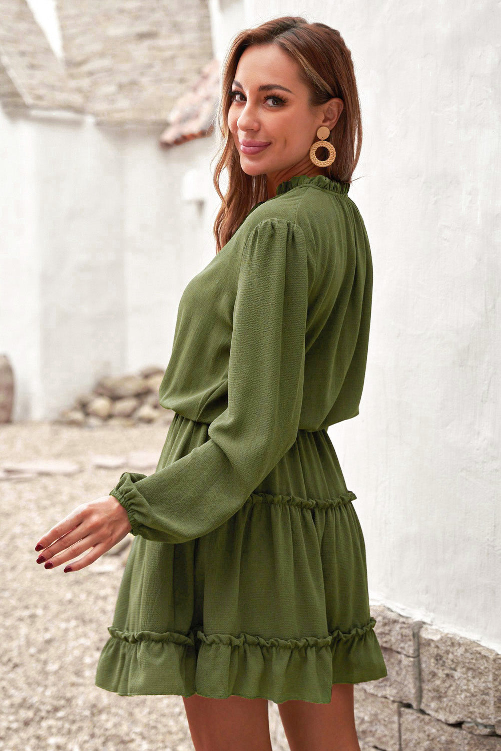 Olive Green Casual Lantern Sleeve V Neck Short Tiered Dress