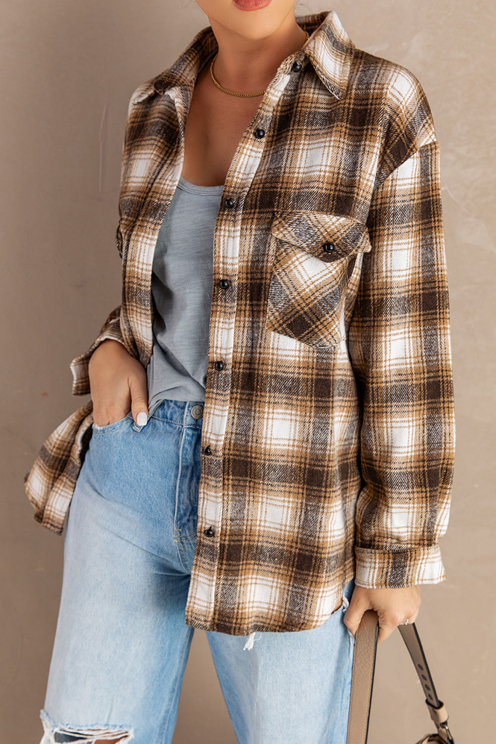 Black Button Up Collared Plaid Shacket