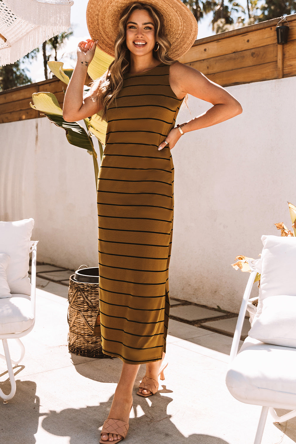 Brown Striped Backless Casual Side Slits Maxi Dress