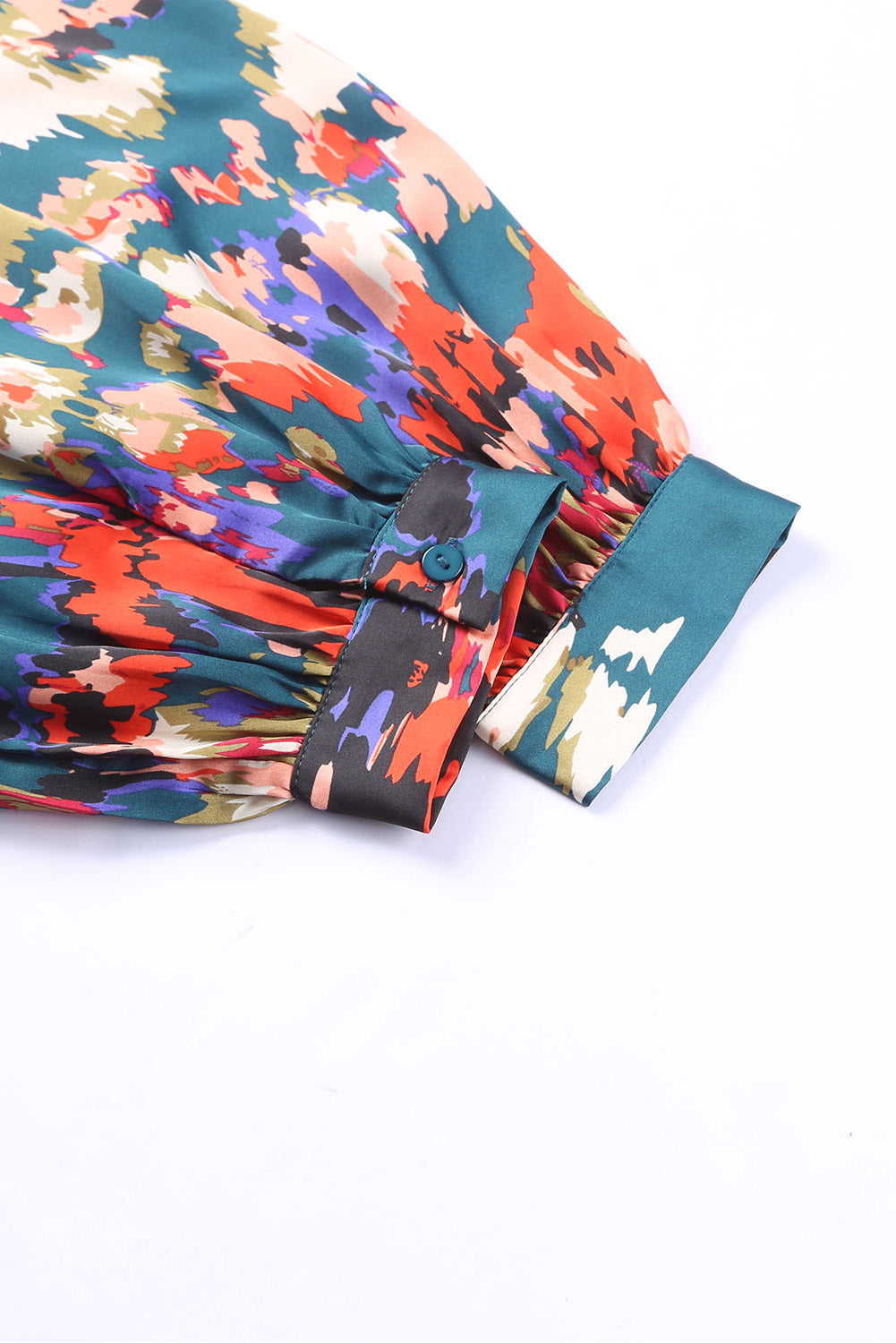 Green Graffiti Colorblock Casual V Neck Puff Sleeve Blouse