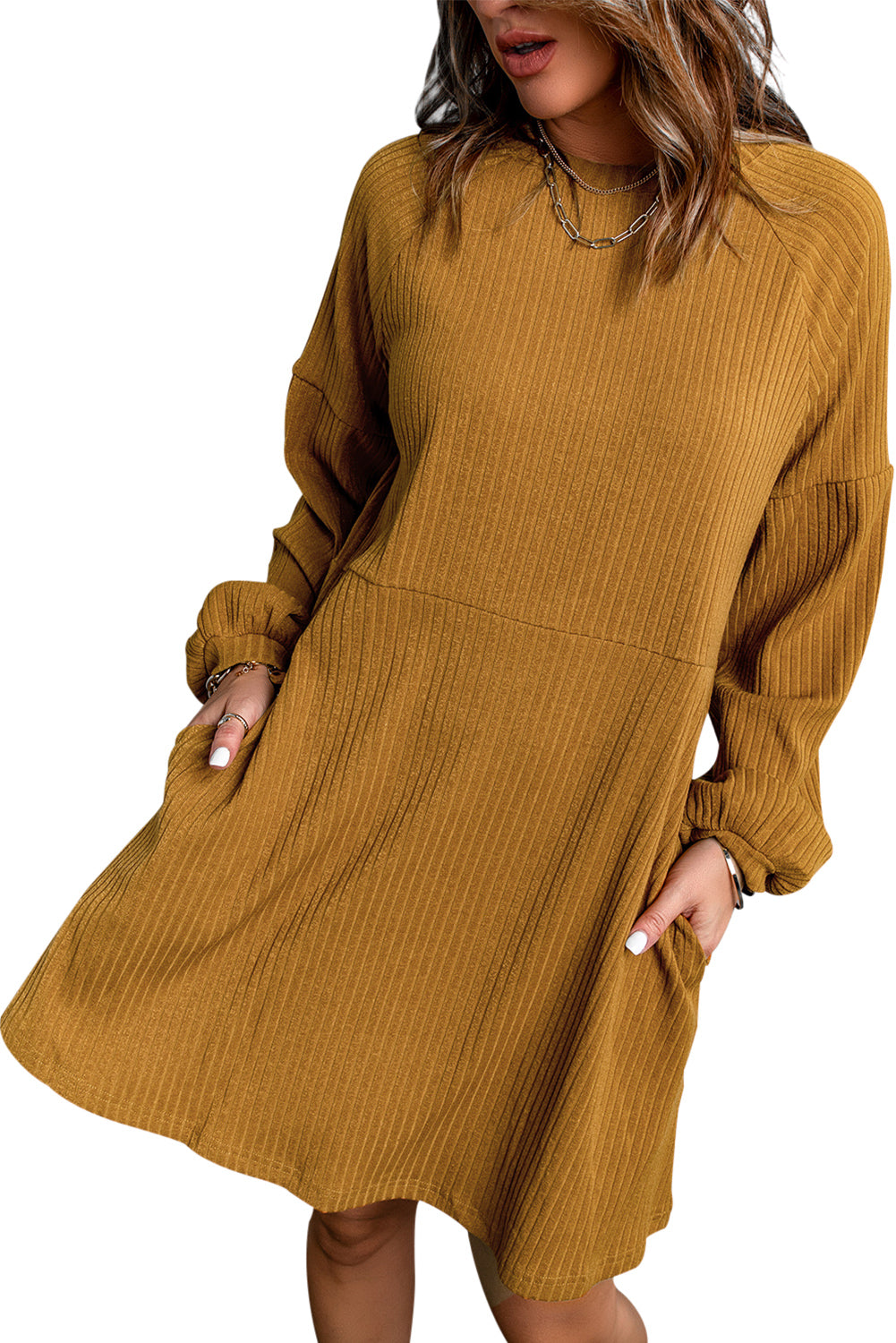 Black Round Neck Empire Waist Ribbed Short Knit Dress