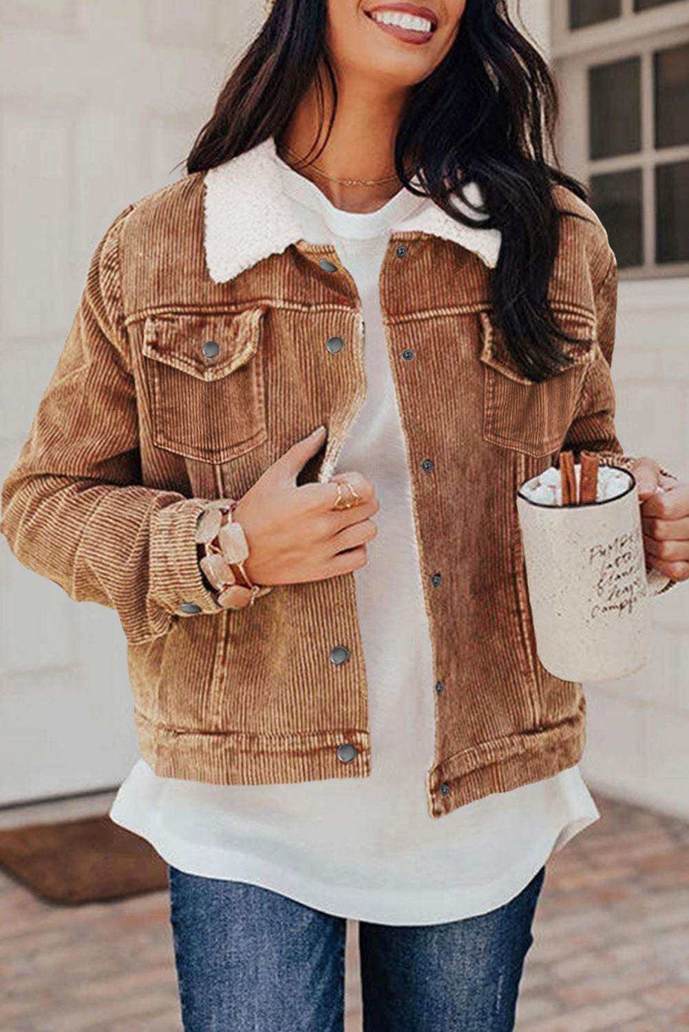 Gray Sherpa Snap Flap Pocket Cropped Corduroy Jacket