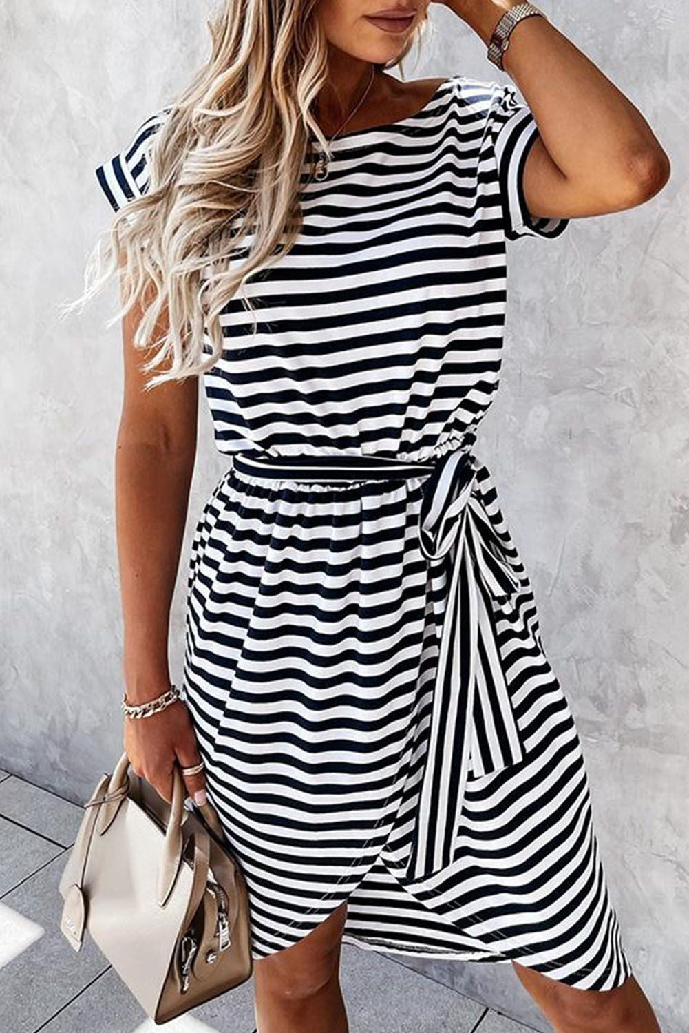 Black Stripe Belted Wrapped Hemline T-Shirt Dress