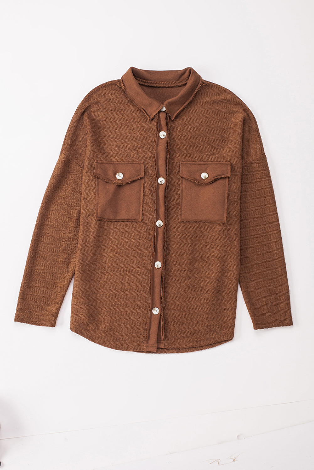 Black Plain Textured Button Up Shirt Shacket with Flap Pockets
