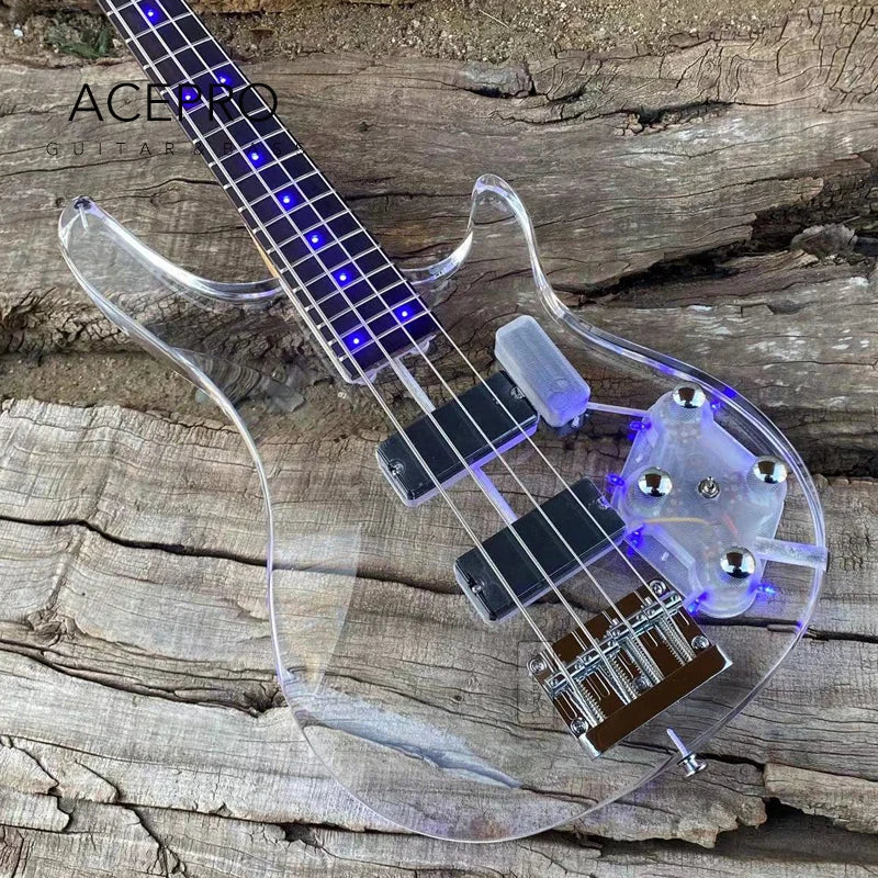 Clear Acrylic Crystal Body 4 String LED Electric Bass Guitar
