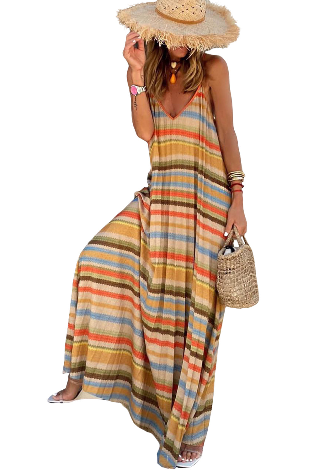 Stripe Tie Straps Loose V Neck Maxi Dress