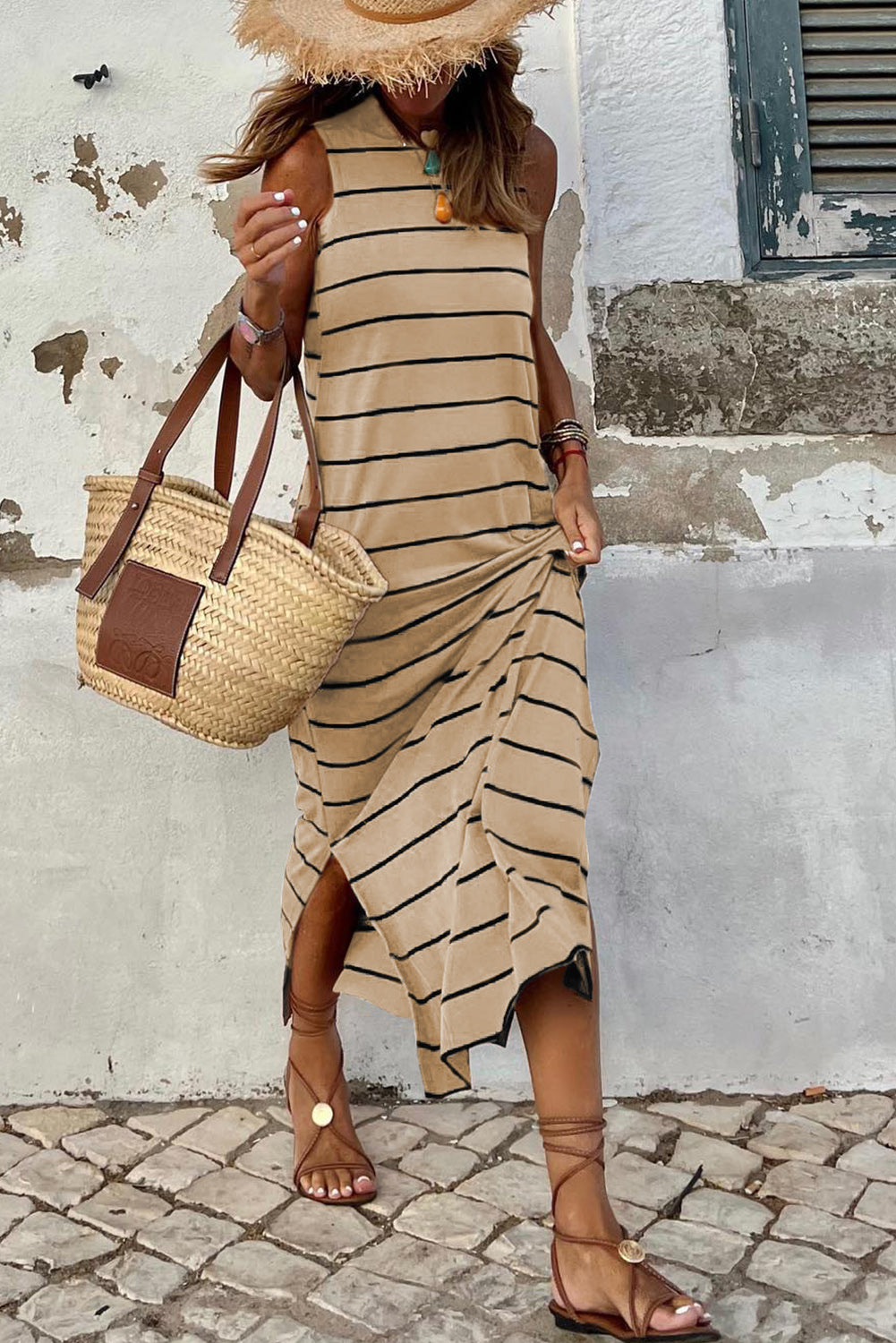 Brown Striped Backless Casual Side Slits Maxi Dress