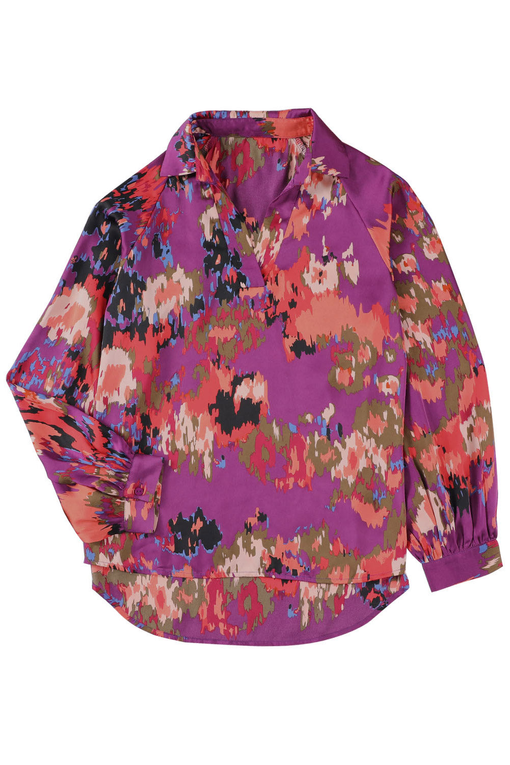 Green Graffiti Colorblock Casual V Neck Puff Sleeve Blouse