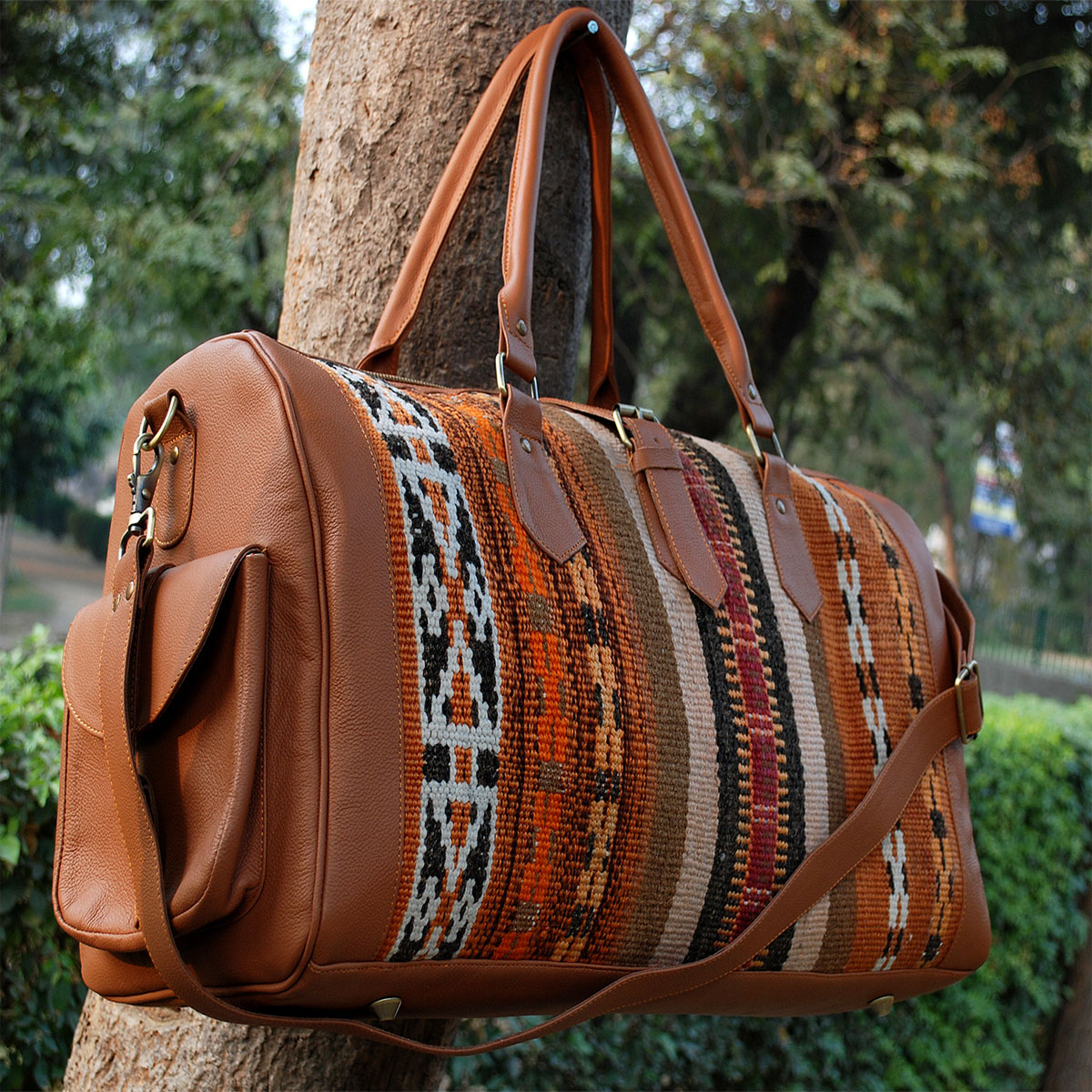 Kilim Leather Metallic Bronze Duffle Bag