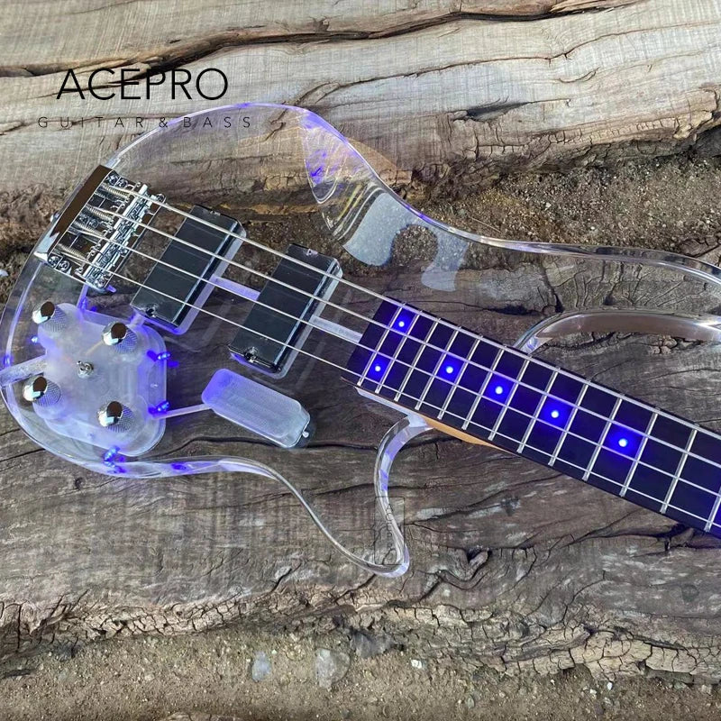 Clear Acrylic Crystal Body 4 String LED Electric Bass Guitar