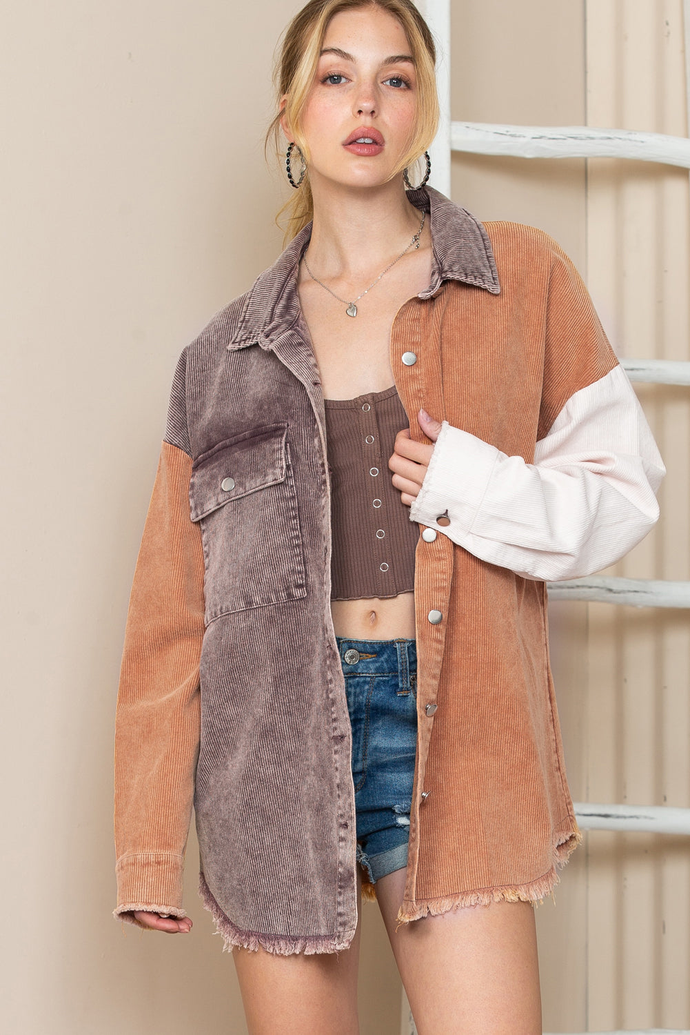 Khaki Color Block Raw Hem Button Up Corduroy Shacket