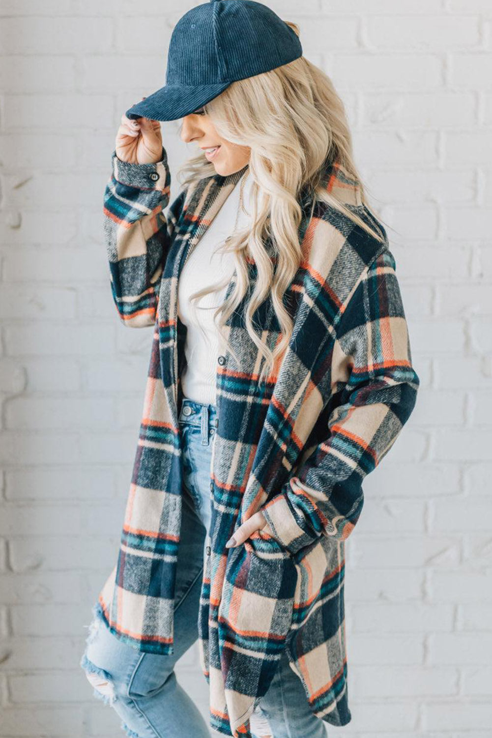 Apricot Plaid Pockets Mid-Length Shacket