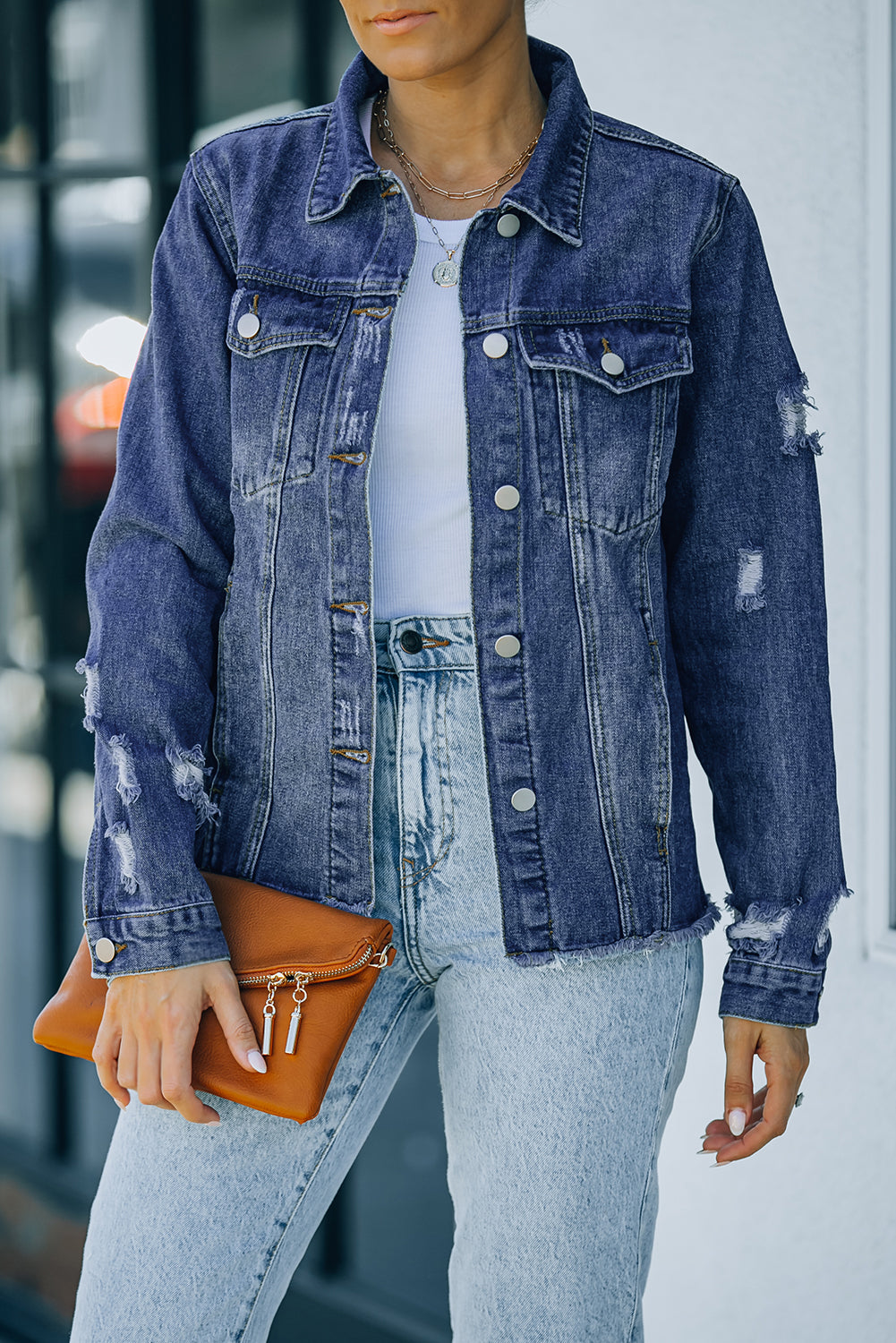 Black Casual Distressed Raw Hem Buttons Denim Jacket