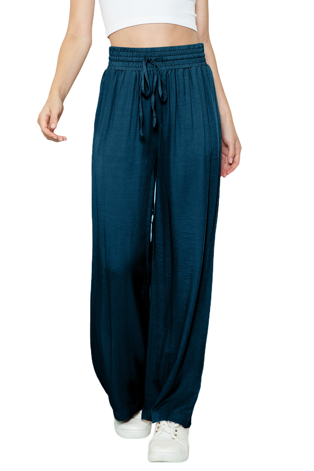Black Casual Drawstring Shirred Elastic Waist Wide Leg Pants