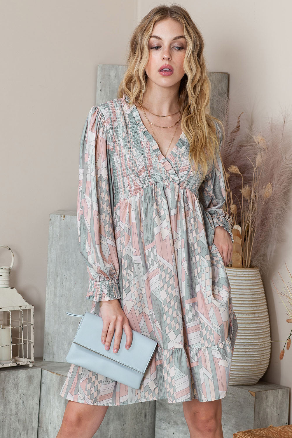 Multicolor Abstract Print Bishop Sleeve Smocked V Neck Dress